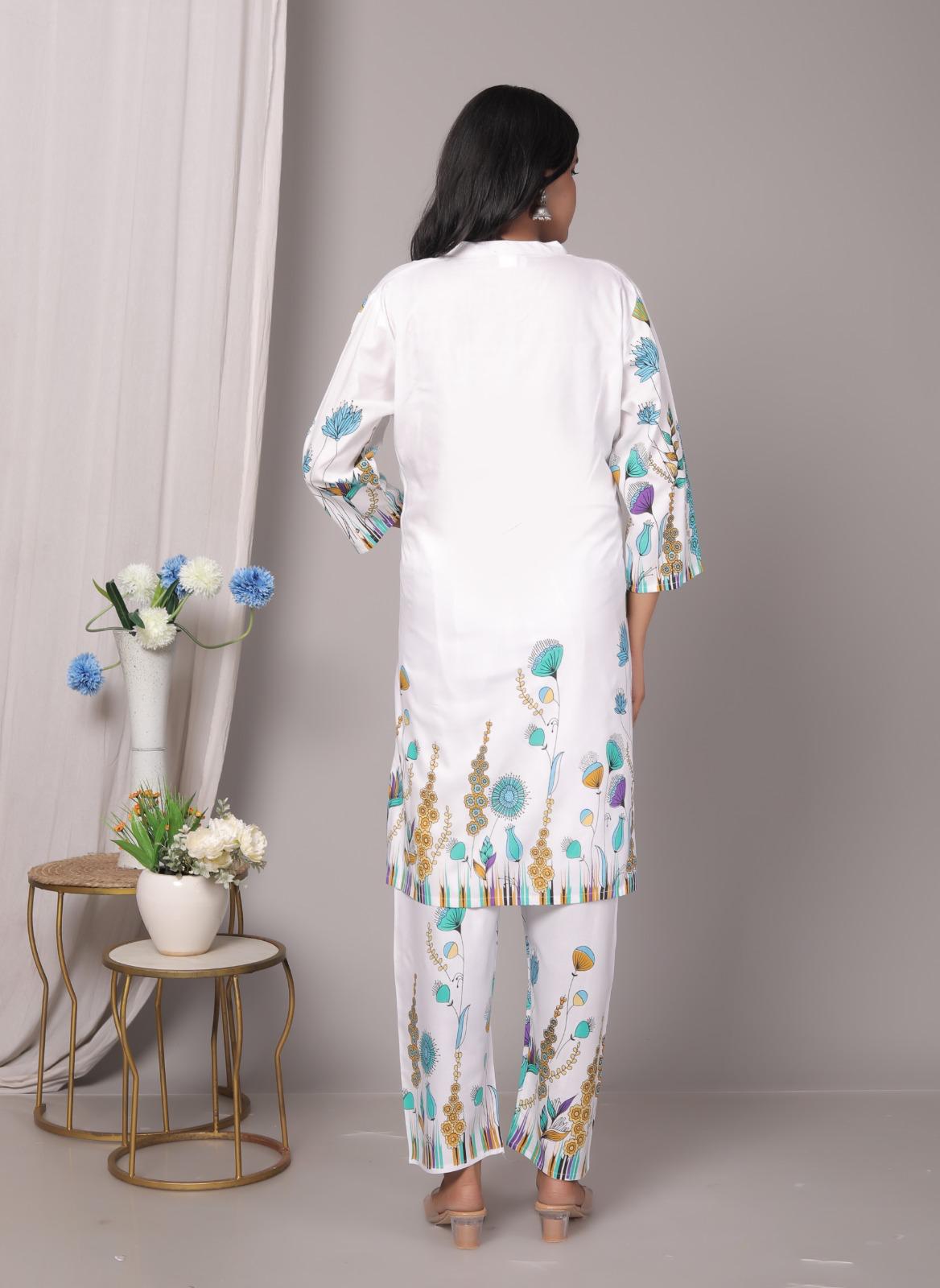 Rayon Floral Mandarin Blue Kurti Pant Set