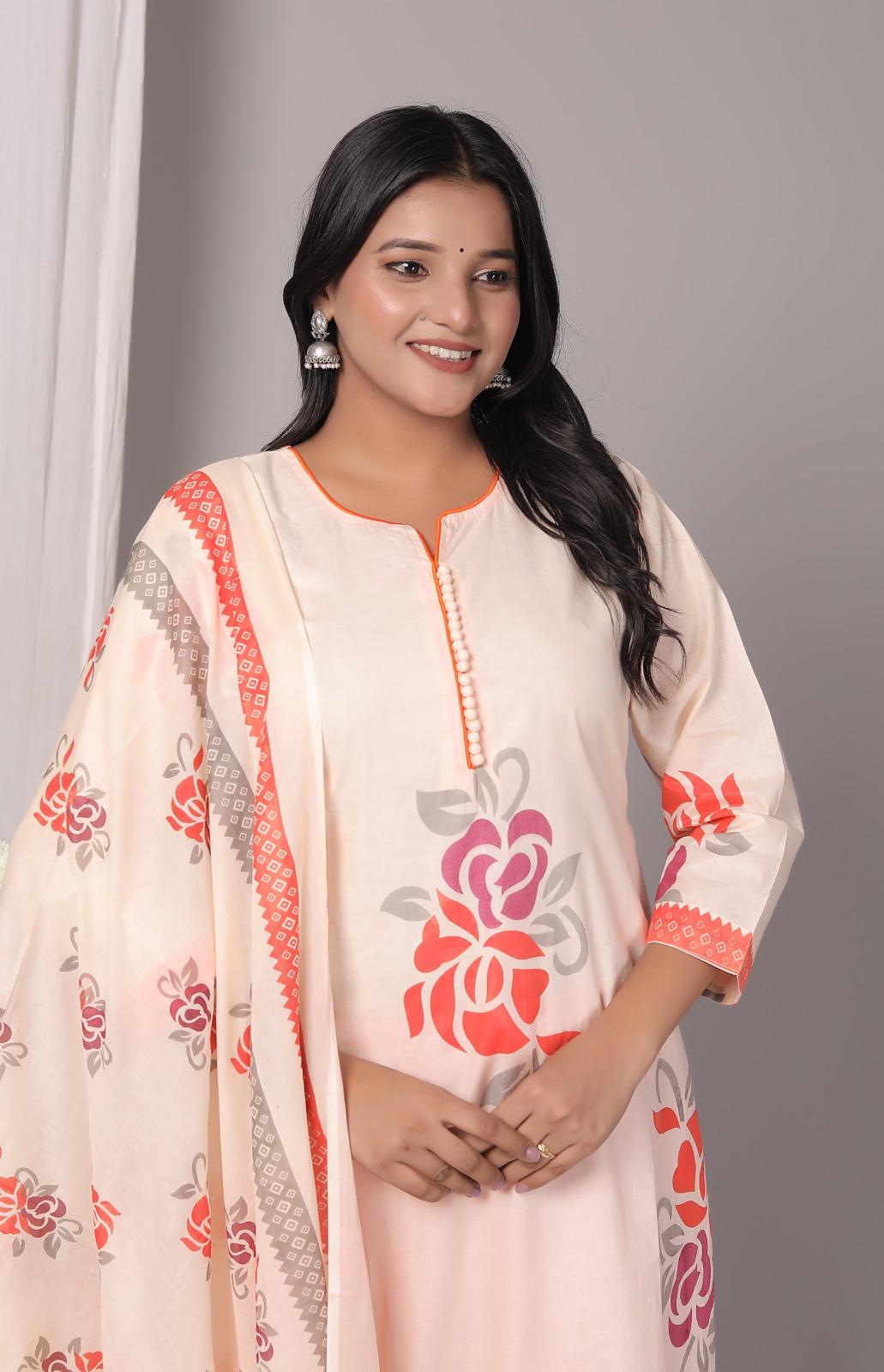 Meera Orange Bloom Cotton Kurta Pant with Dupatta