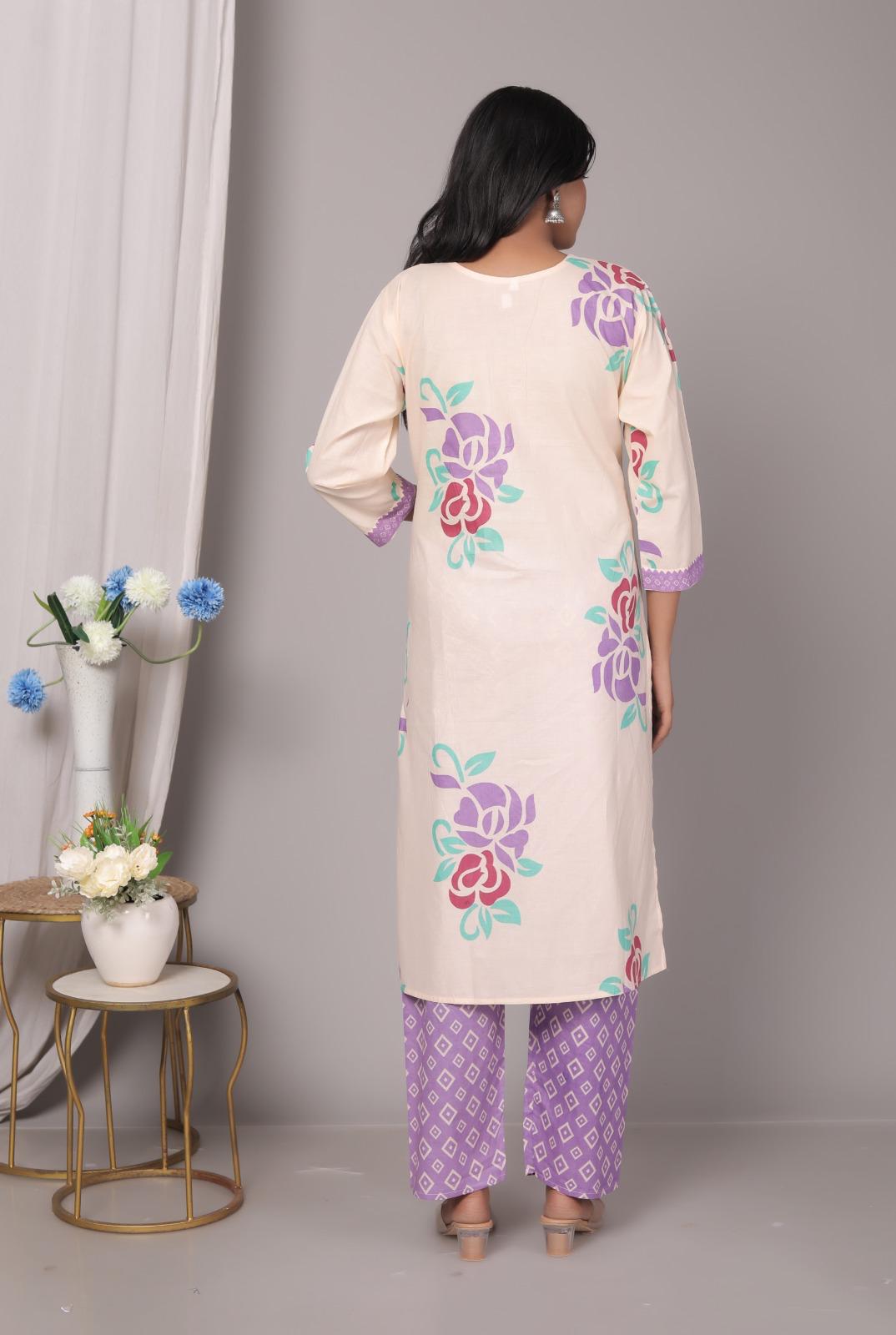 Meera Ethereal Charm Cotton Printed Kurta Pant with Dupatta – Purple & Cream