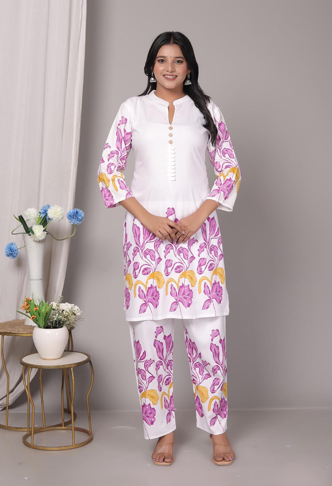 Rayon Pink Floral Printed Kurti Pant Set
