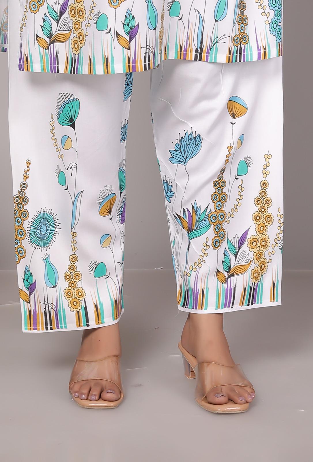 Rayon Floral Mandarin Blue Kurti Pant Set