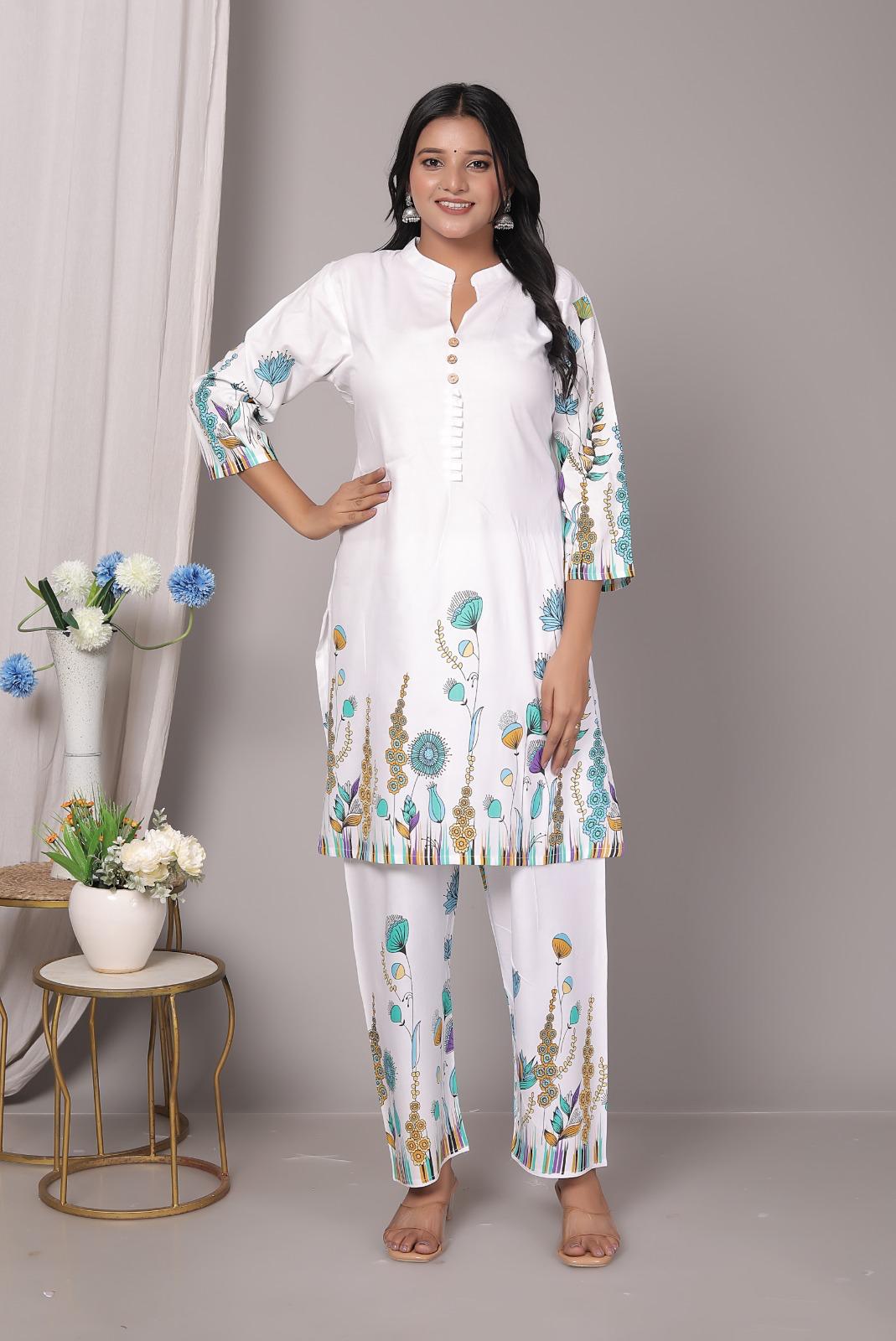 Rayon Floral Mandarin Blue Kurti Pant Set