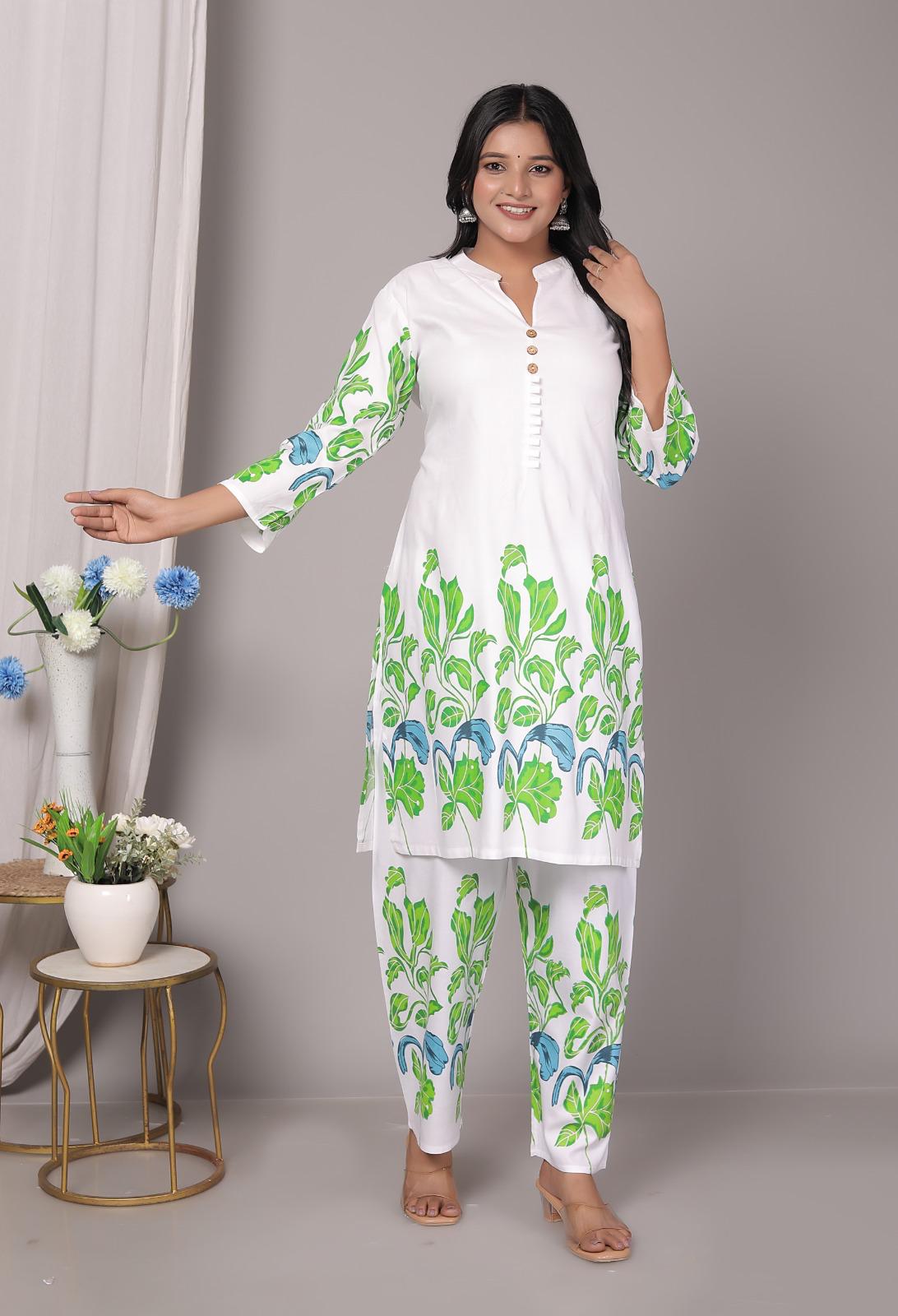 Rayon Green Floral Kurti Pant Set