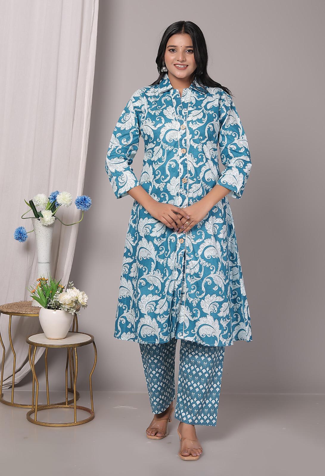 Rayon Blue Kurti Pant Set