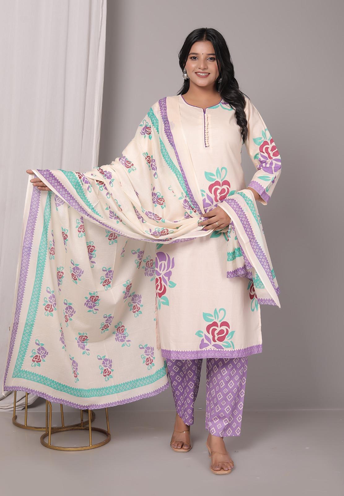 Meera Orange Bloom Cotton Kurta Pant with Dupatta