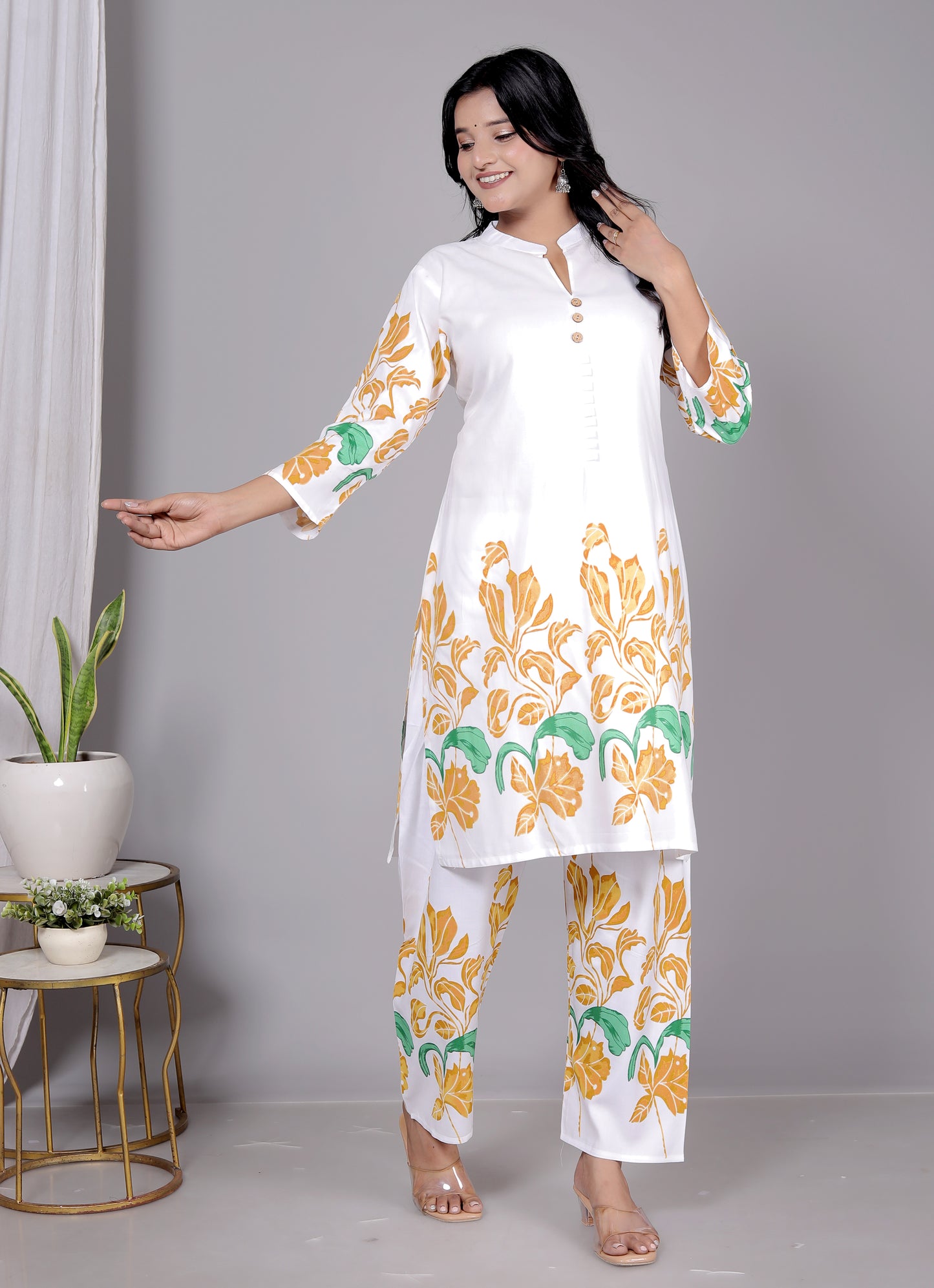 Rayon Yellow Floral Printed Kurti Pant Set