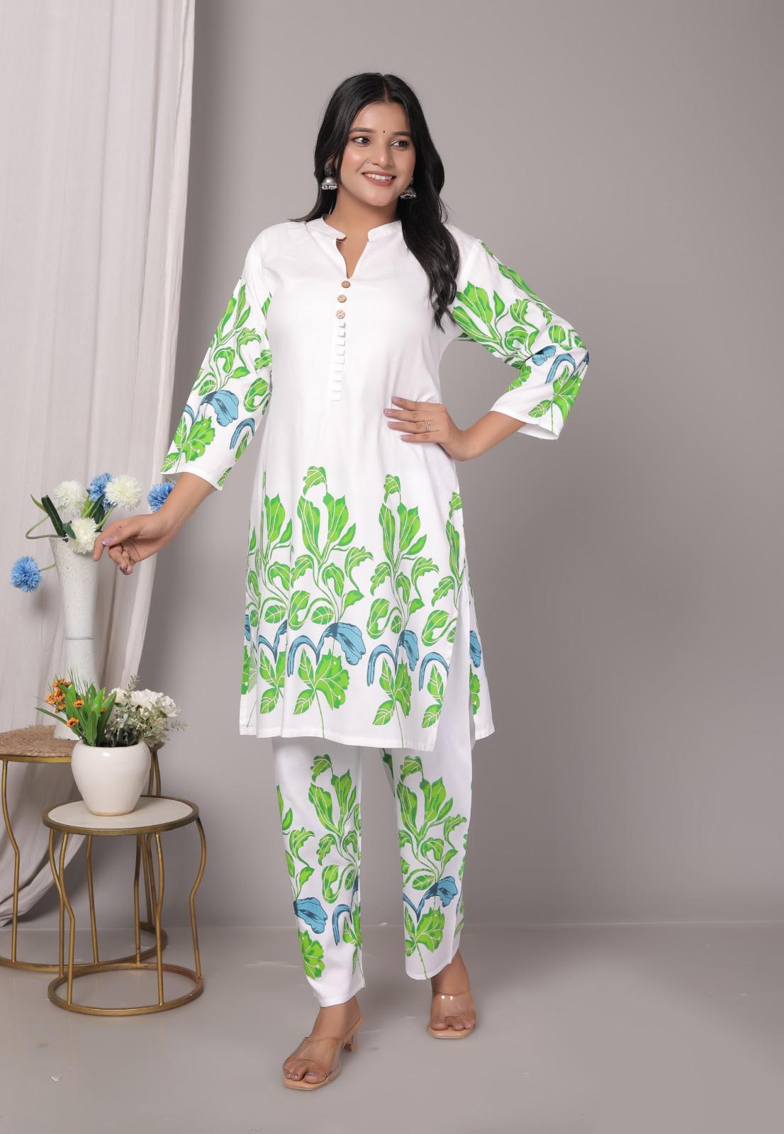 Rayon Green Floral Kurti Pant Set