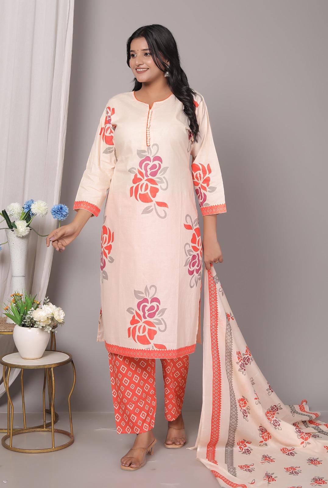 Meera Orange Bloom Cotton Kurta Pant with Dupatta