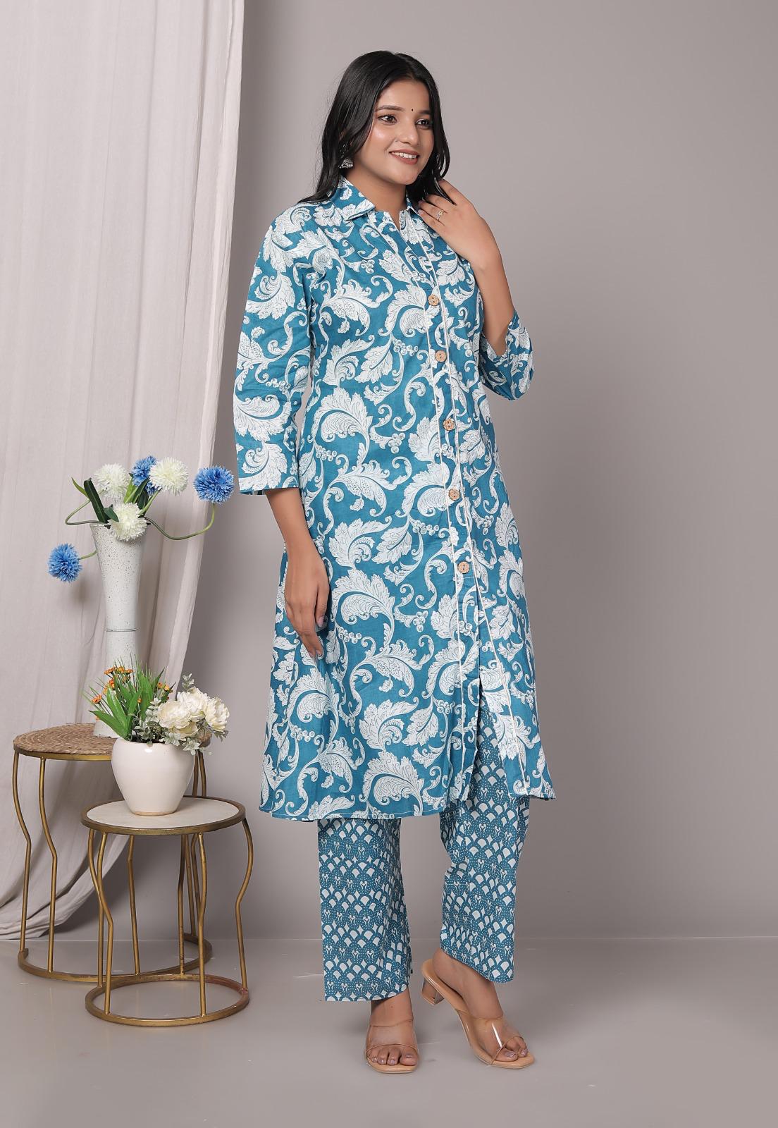 Rayon Blue Kurti Pant Set