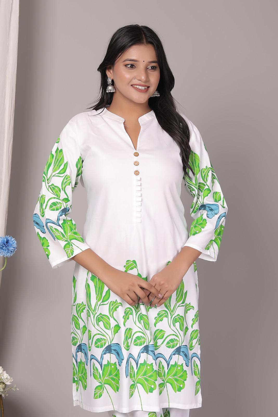 Rayon Green Floral Kurti Pant Set