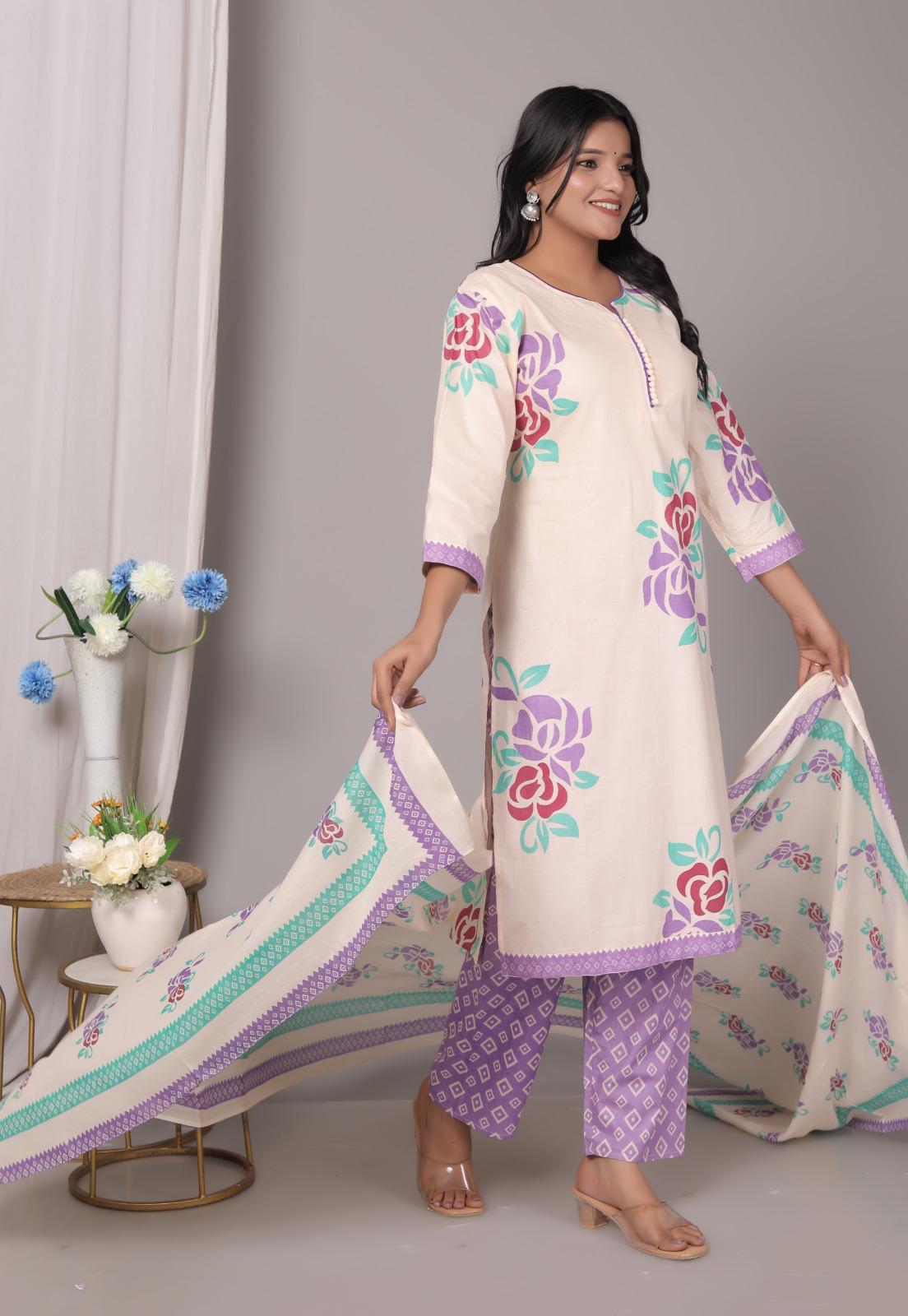Meera Ethereal Charm Cotton Printed Kurta Pant with Dupatta – Purple & Cream