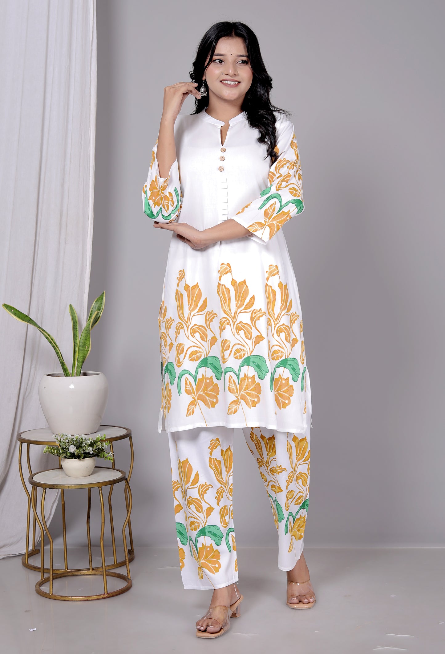 Rayon Yellow Floral Printed Kurti Pant Set