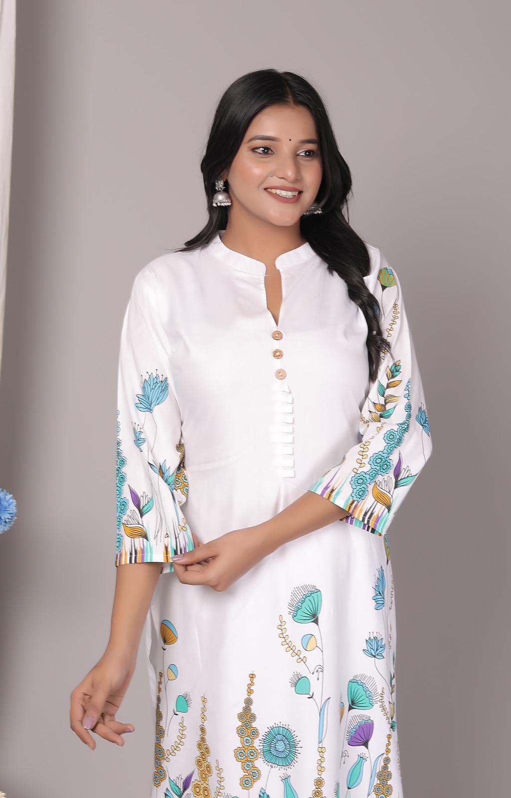 Rayon Floral Mandarin Blue Kurti Pant Set