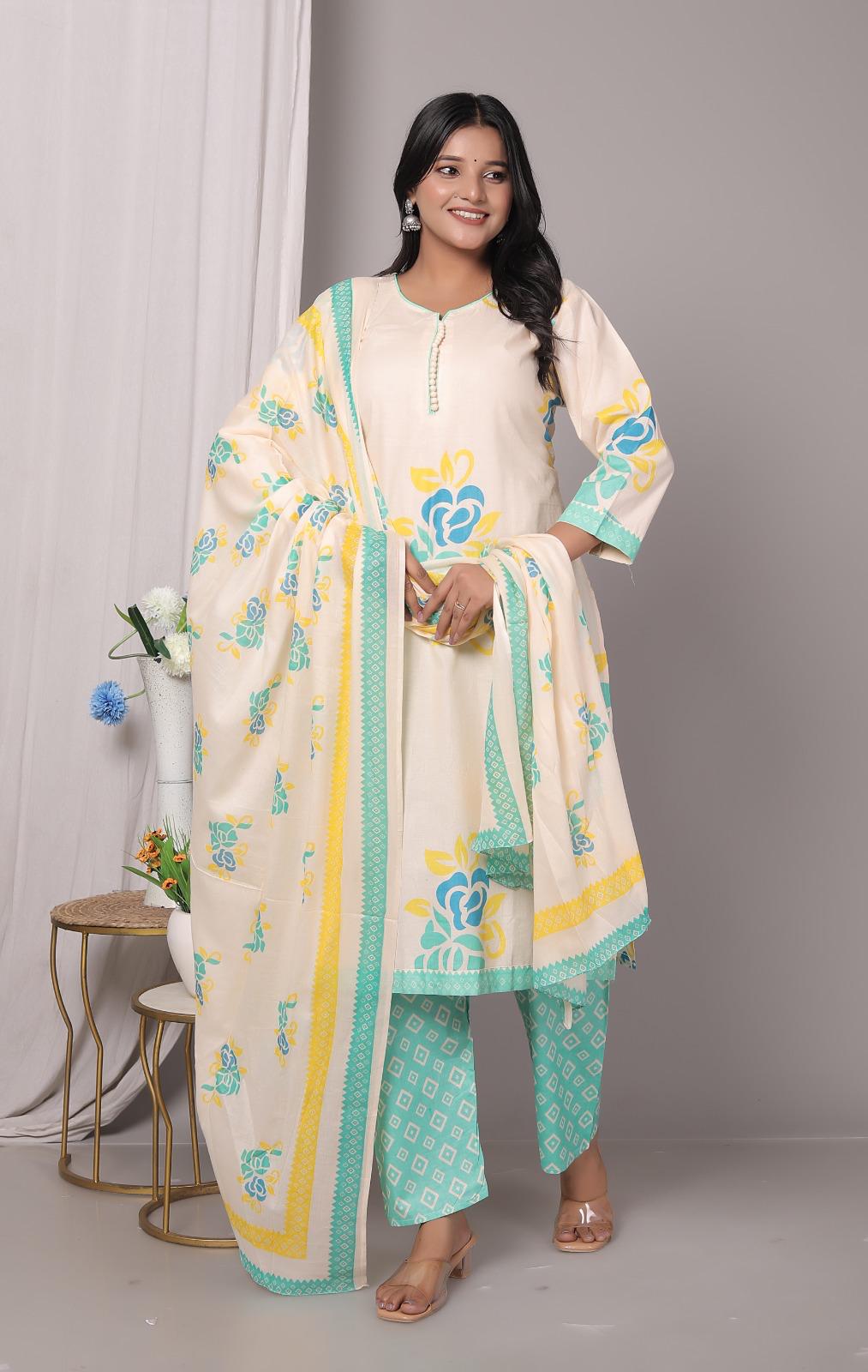 Meera Orange Bloom Cotton Kurta Pant with Dupatta