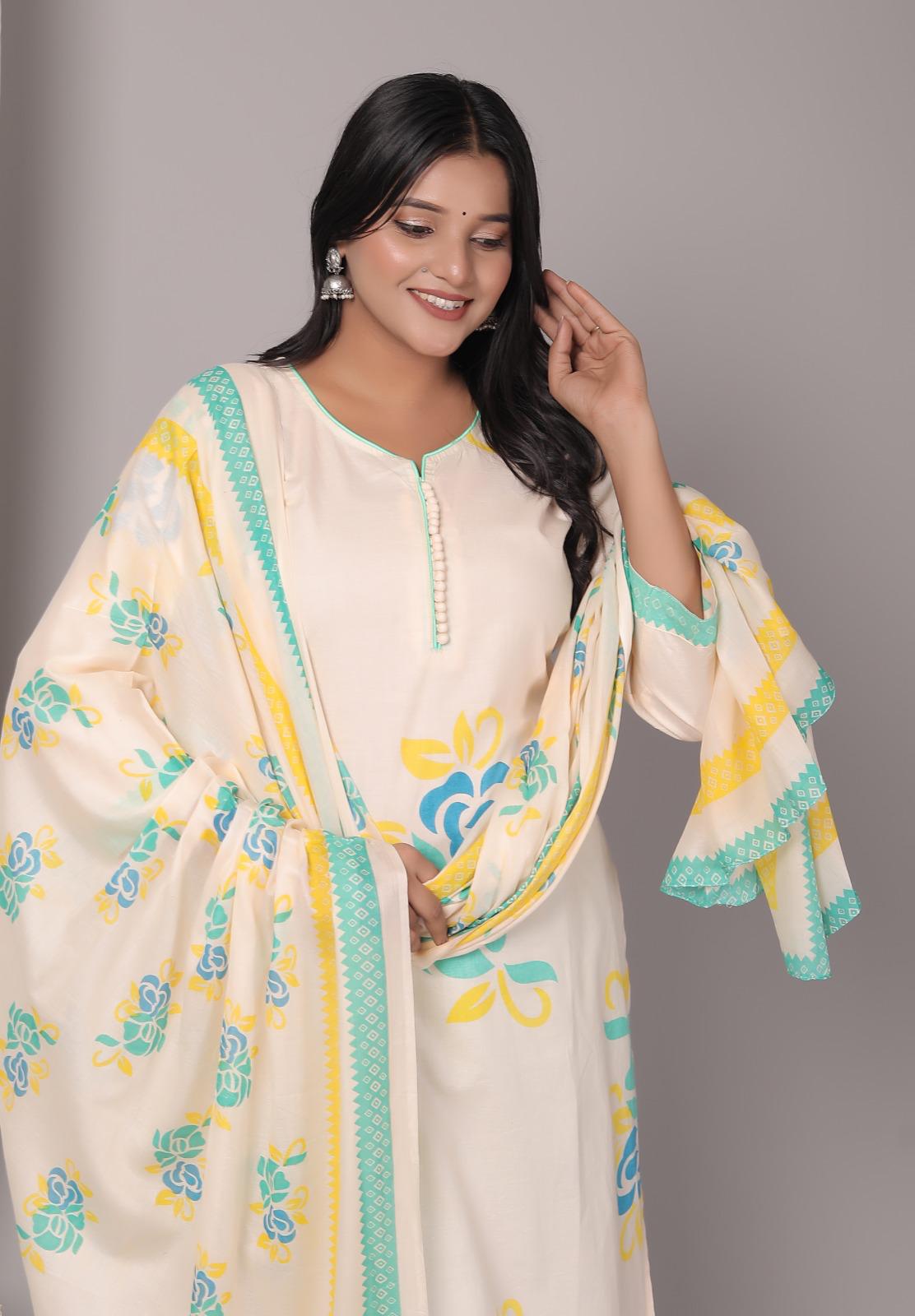 Meera Mint Geen Cotton Kurta Pant with Dupatta