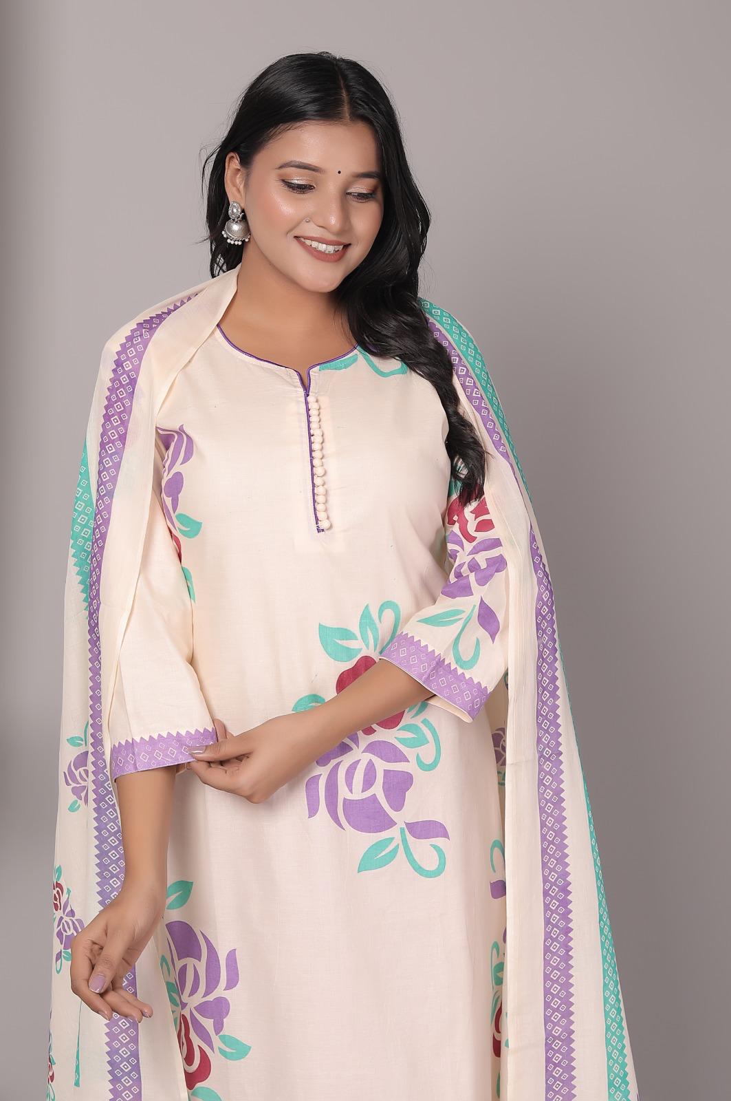 Meera Ethereal Charm Cotton Printed Kurta Pant with Dupatta – Purple & Cream
