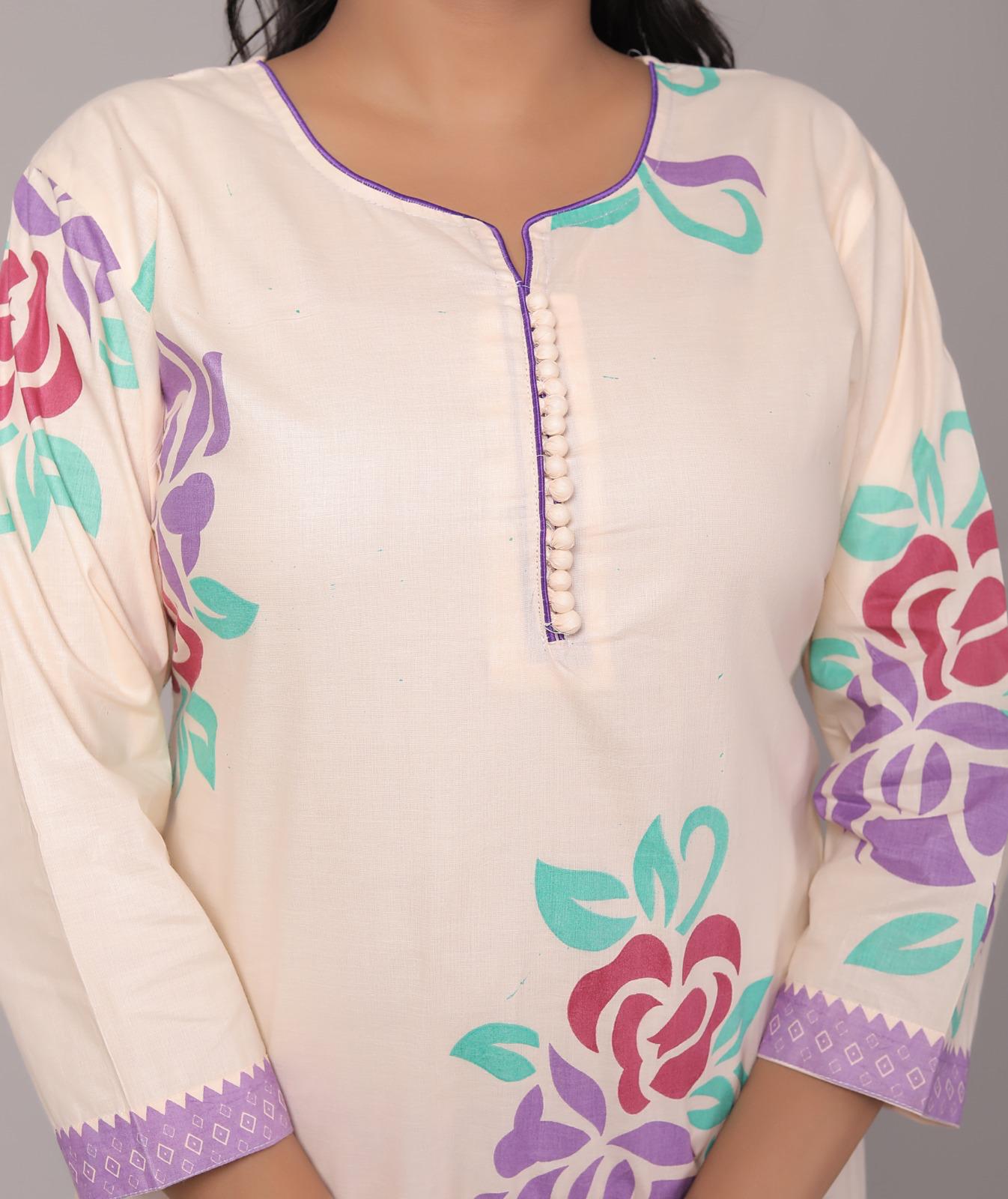 Meera Ethereal Charm Cotton Printed Kurta Pant with Dupatta – Purple & Cream