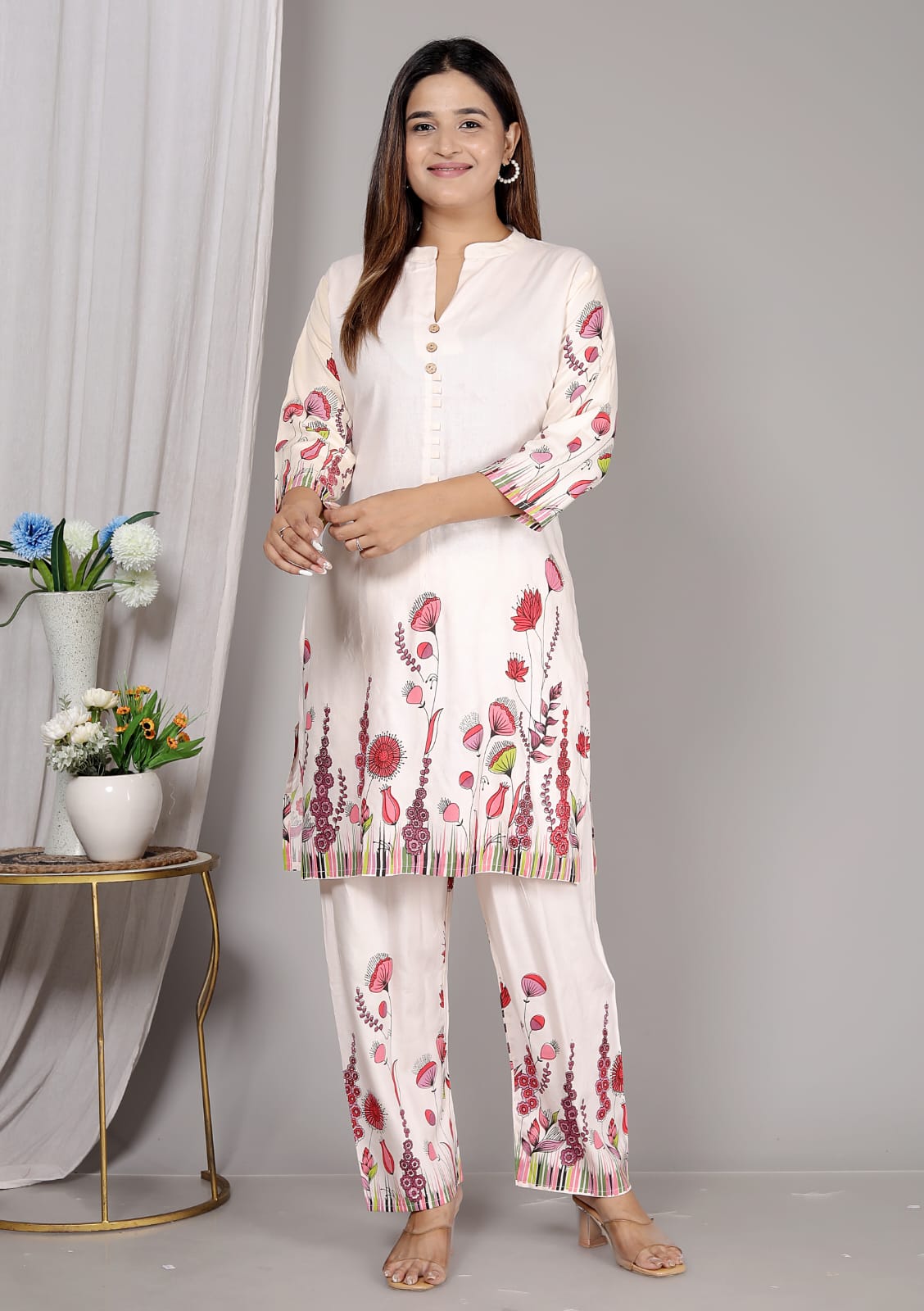 Rayon white red floral kurti Pant Set