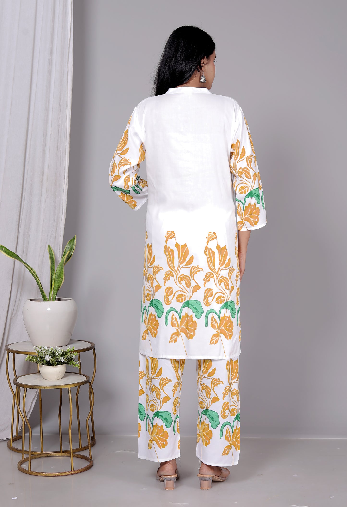 Rayon Yellow Floral Printed Kurti Pant Set