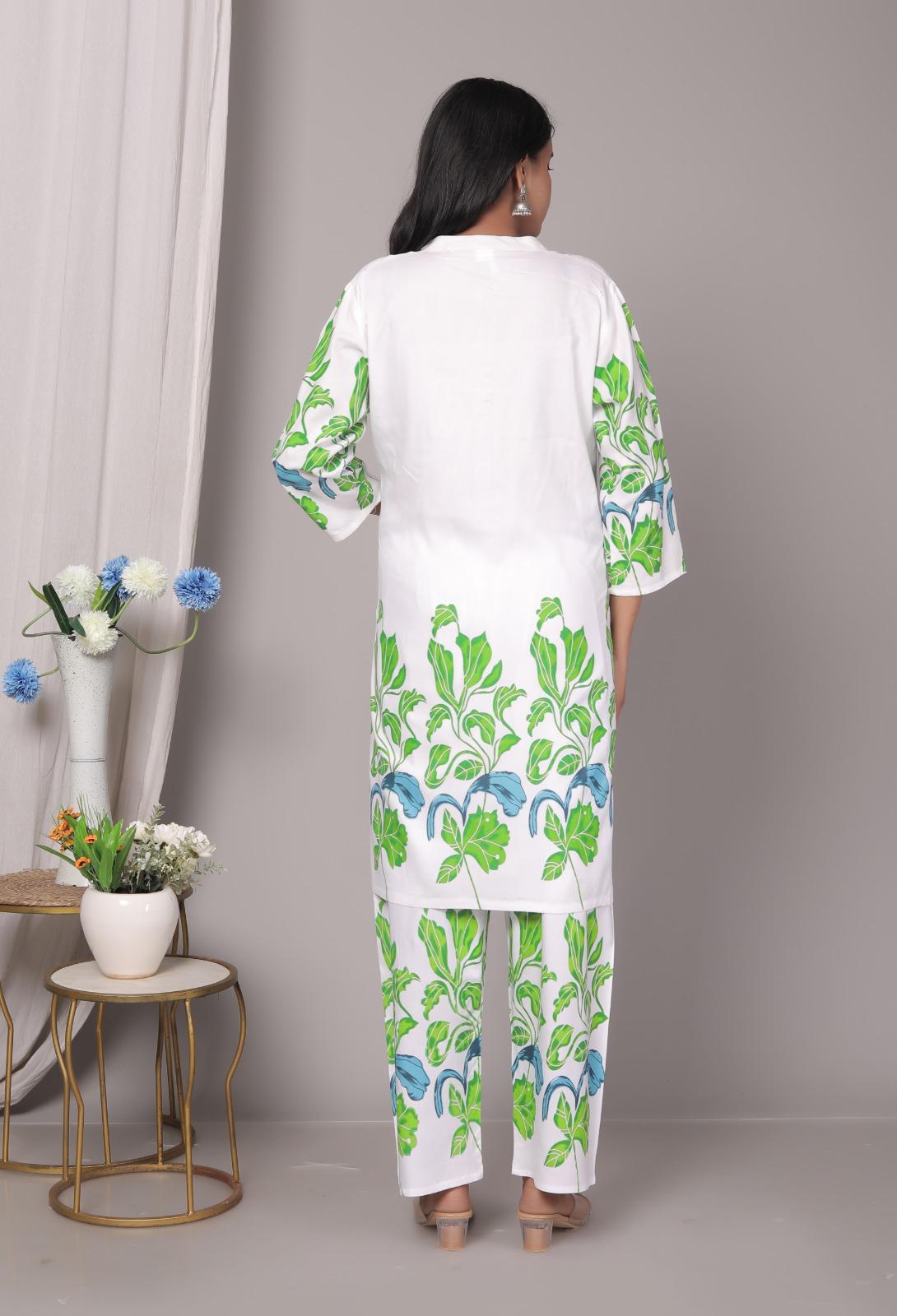 Rayon Green Floral Kurti Pant Set