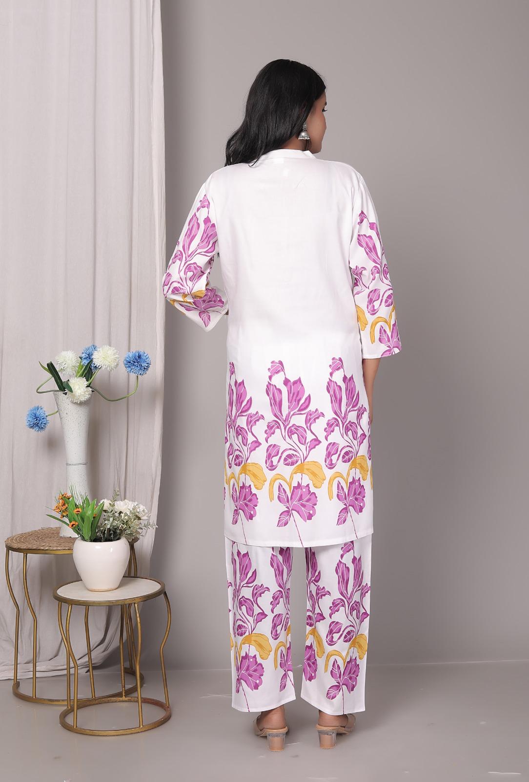 Rayon Pink Floral Printed Kurti Pant Set