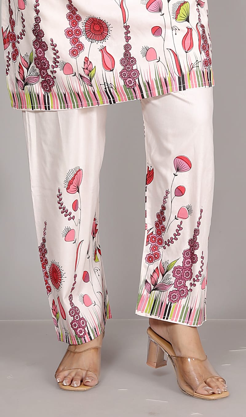 Rayon white red floral kurti Pant Set