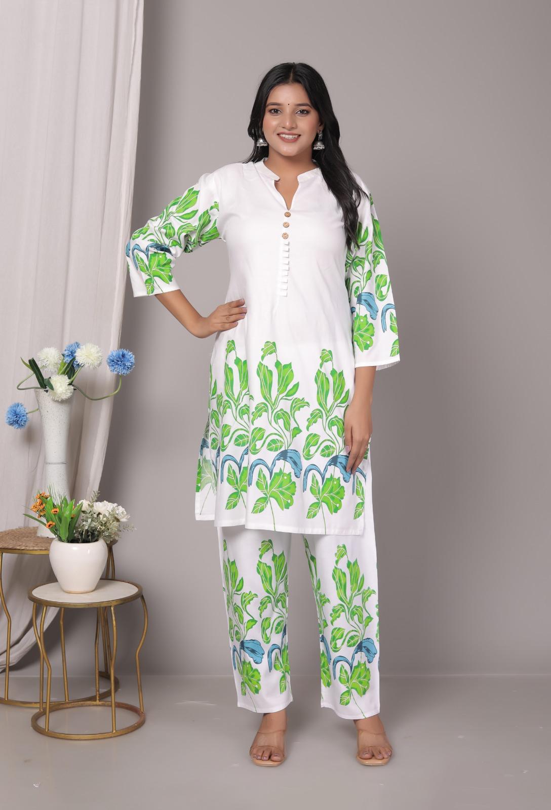 Rayon Green Floral Kurti Pant Set