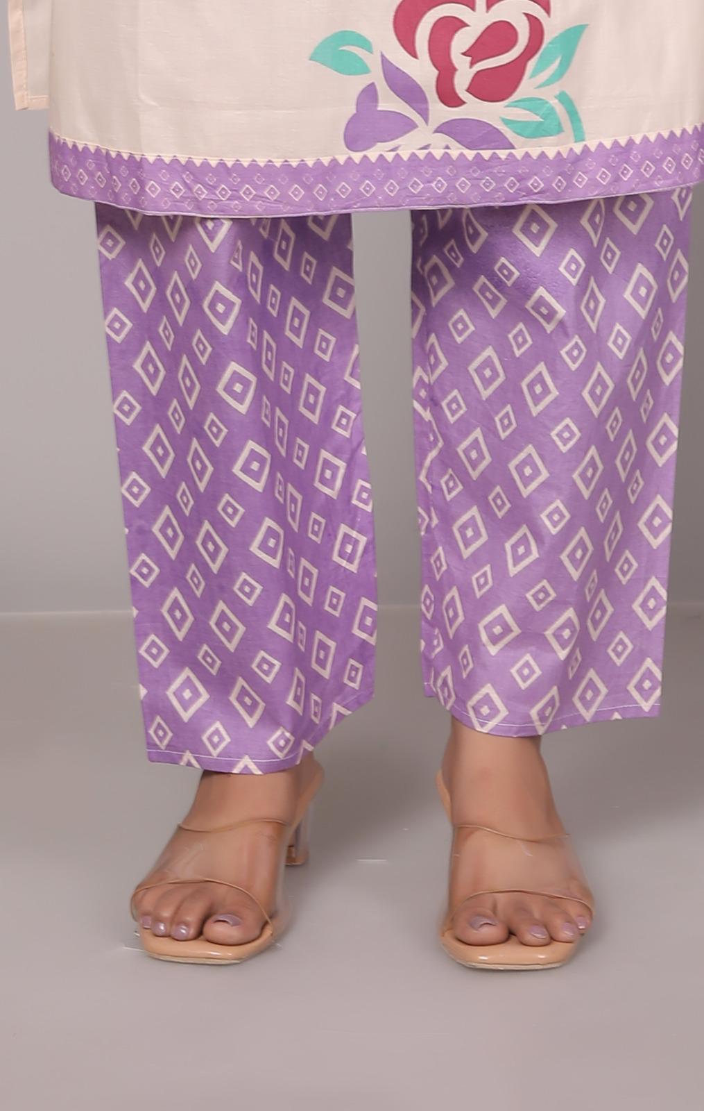 Meera Ethereal Charm Cotton Printed Kurta Pant with Dupatta – Purple & Cream