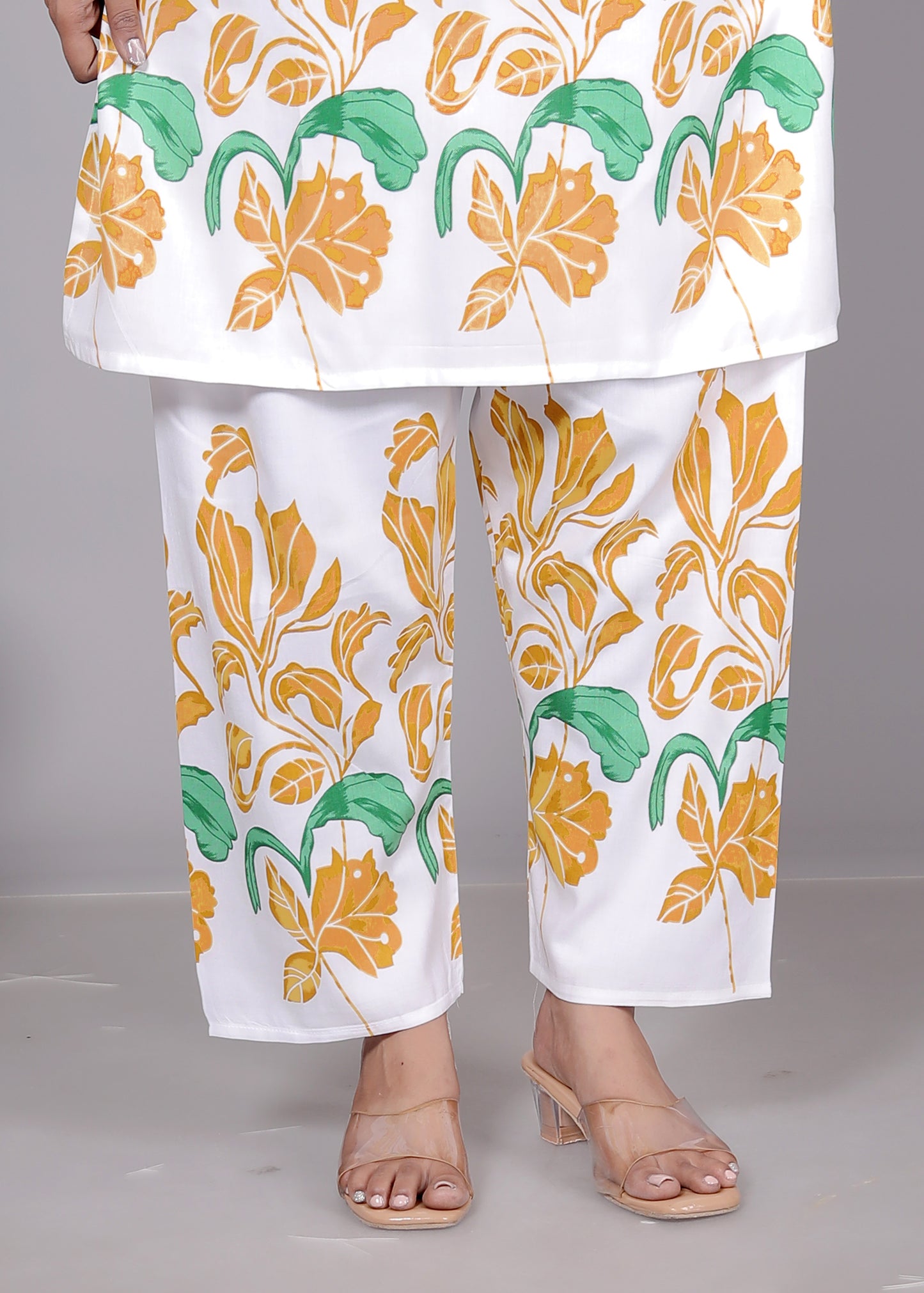Rayon Yellow Floral Printed Kurti Pant Set
