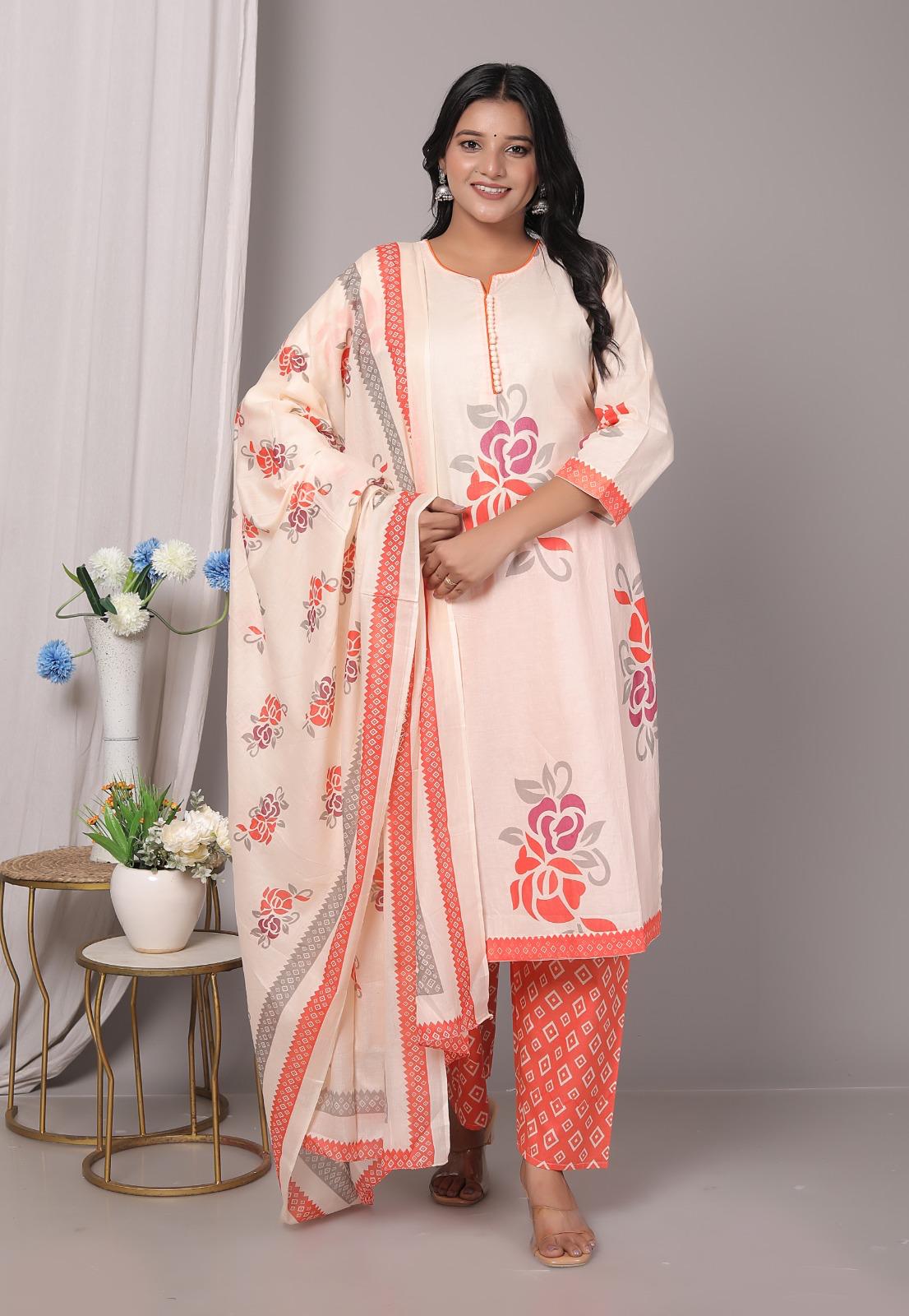 Meera Orange Bloom Cotton Kurta Pant with Dupatta