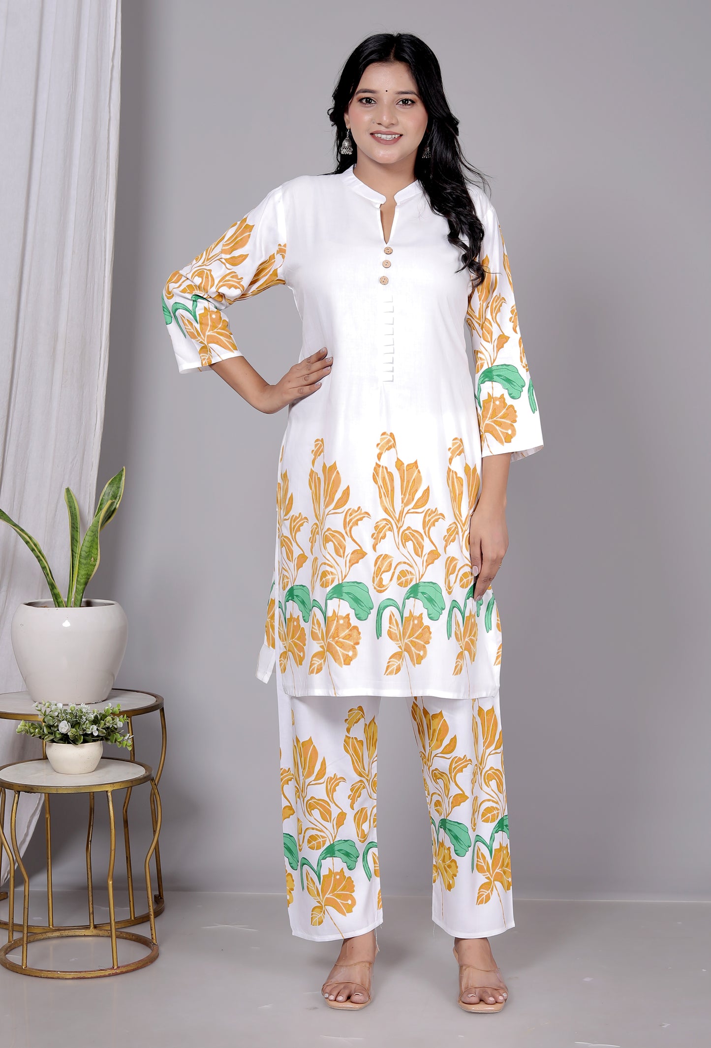 Rayon Yellow Floral Printed Kurti Pant Set
