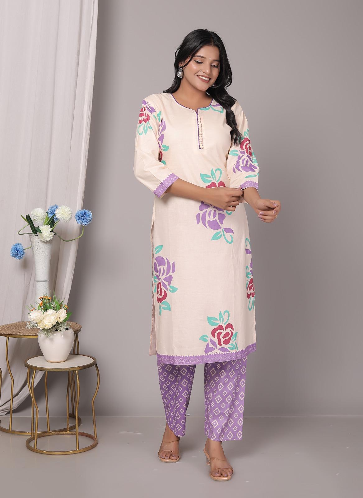 Meera Ethereal Charm Cotton Printed Kurta Pant with Dupatta – Purple & Cream