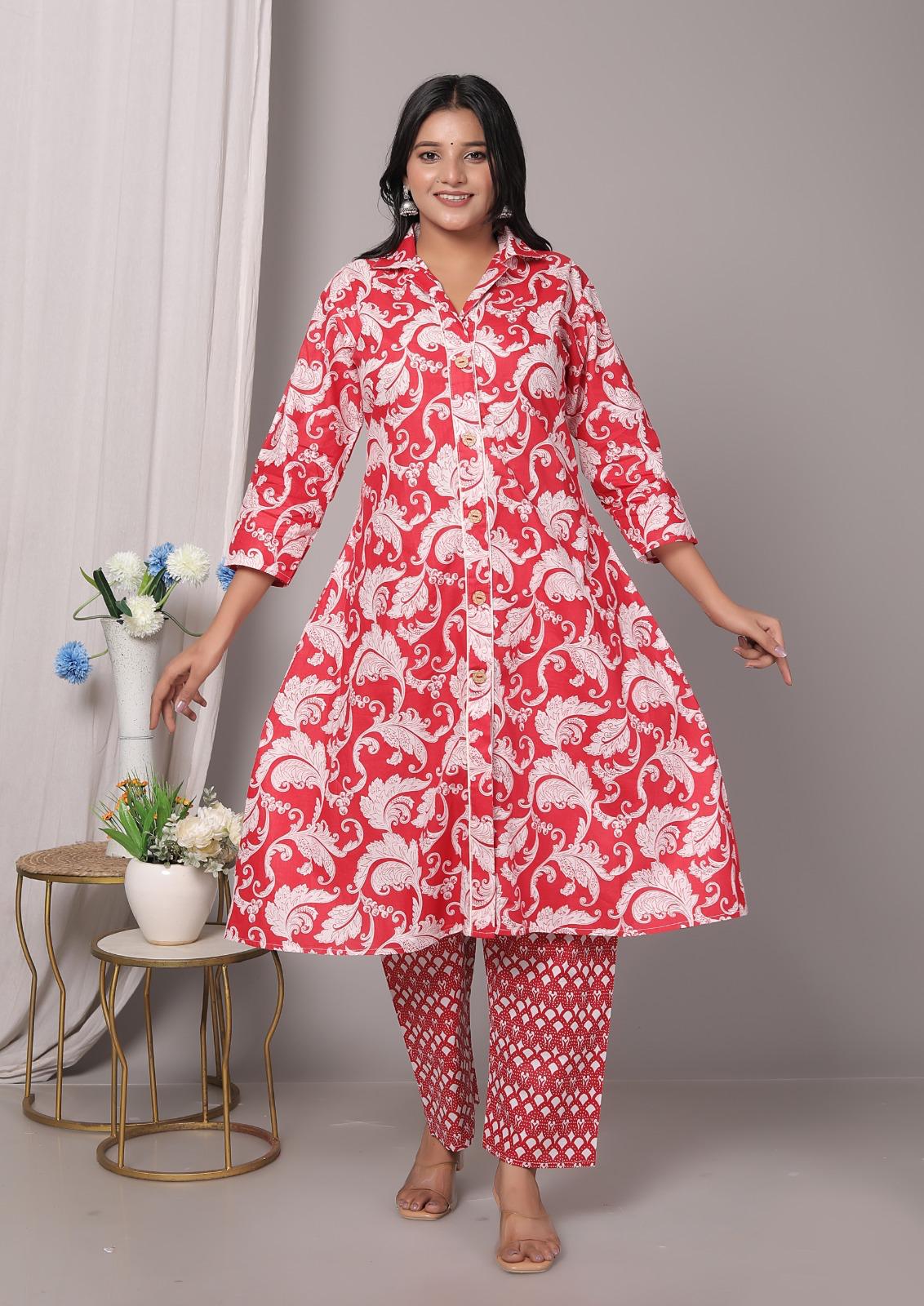 Rayon Red Kurti Pant Set
