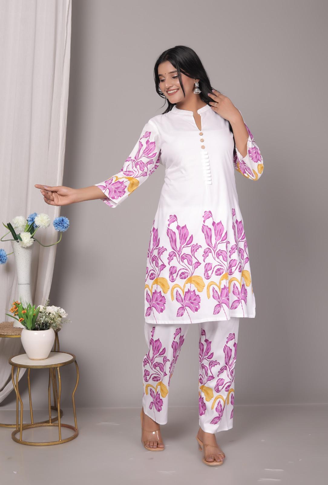 Rayon Pink Floral Printed Kurti Pant Set