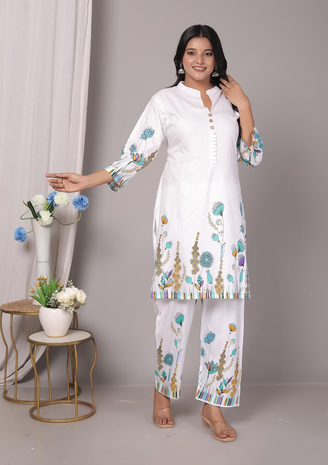 Rayon Floral Mandarin Blue Kurti Pant Set