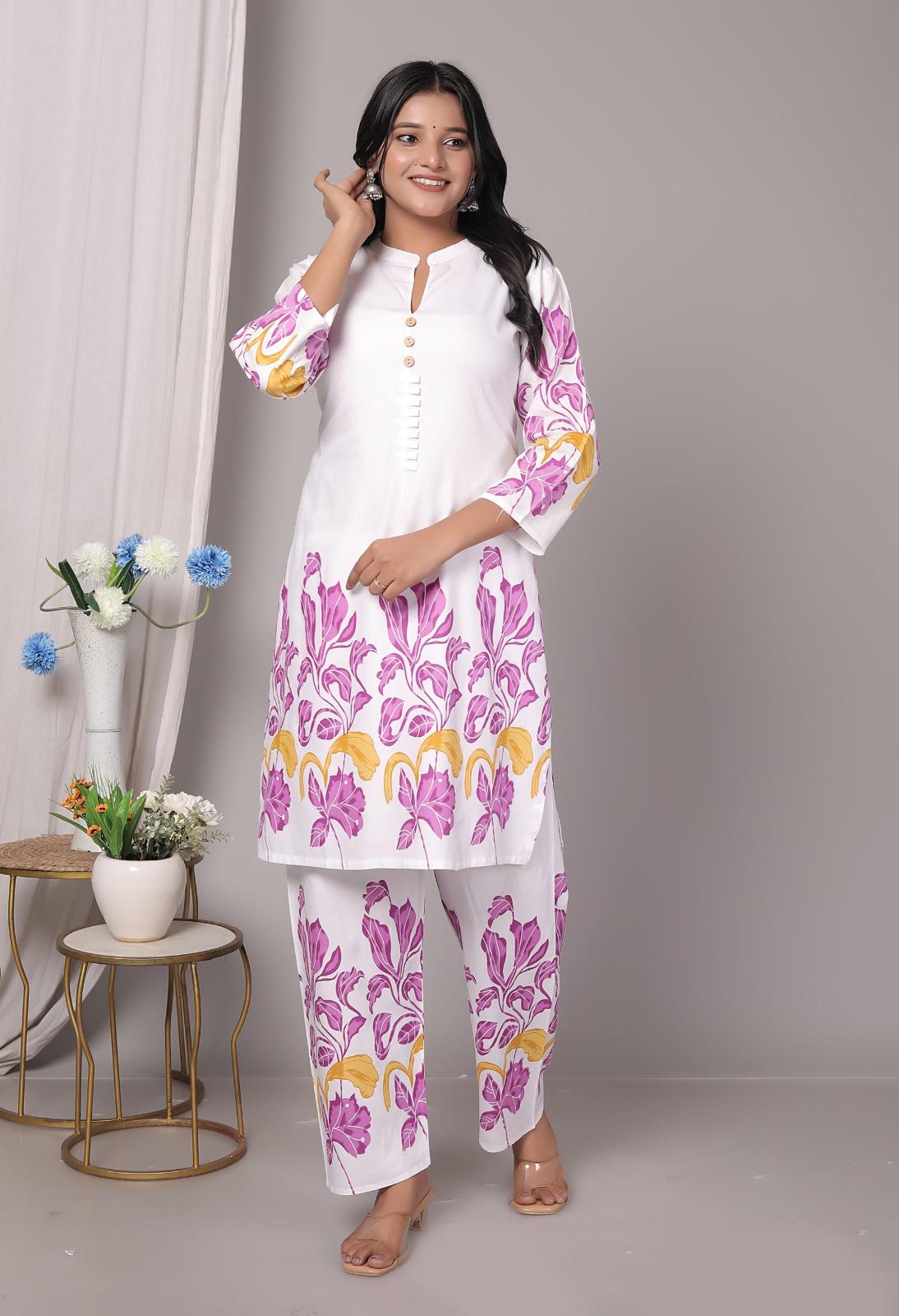 Rayon Pink Floral Printed Kurti Pant Set