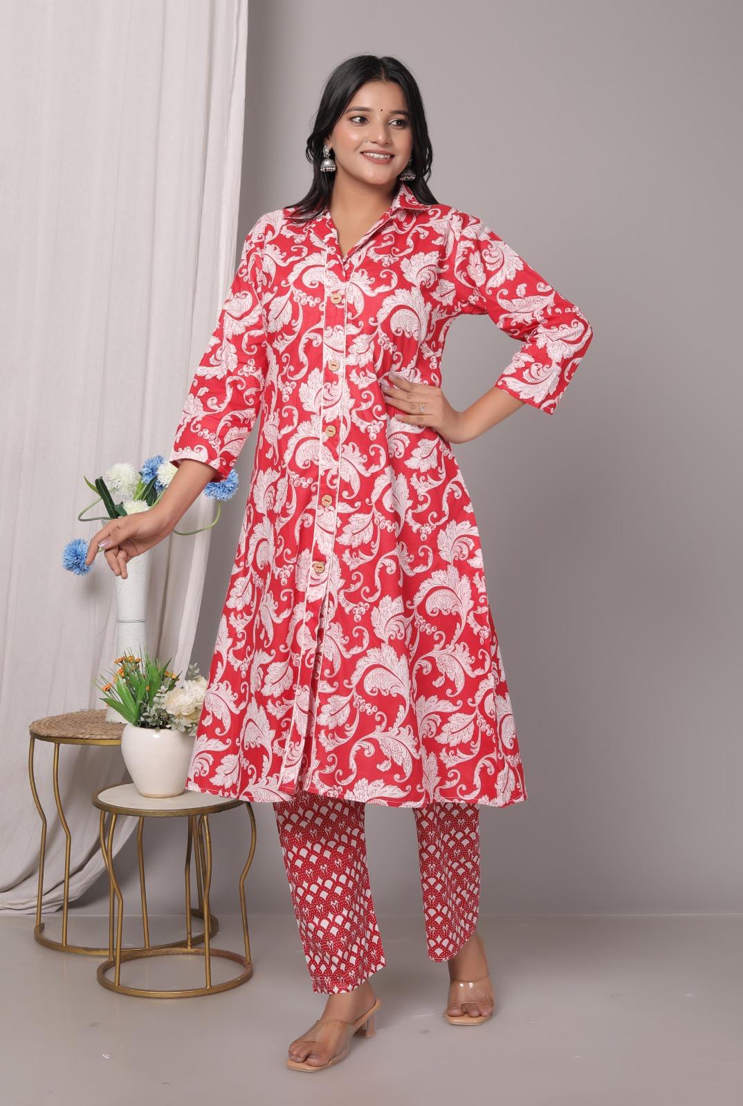 Rayon Red Kurti Pant Set