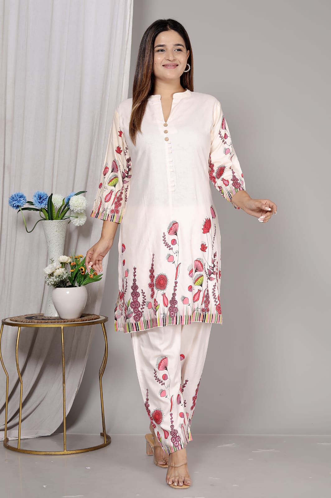 Rayon white red floral kurti Pant Set