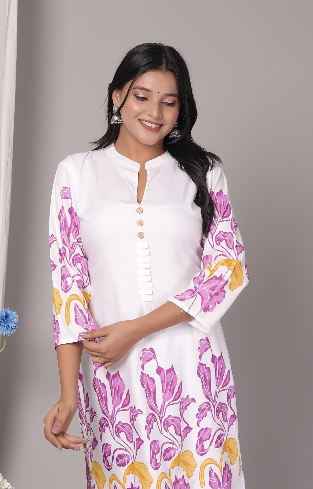 Rayon Pink Floral Printed Kurti Pant Set