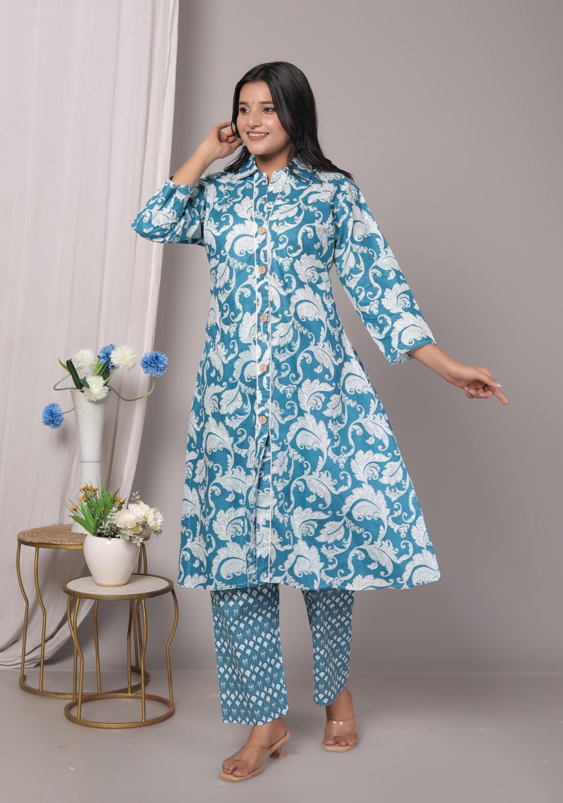 Rayon Blue Kurti Pant Set