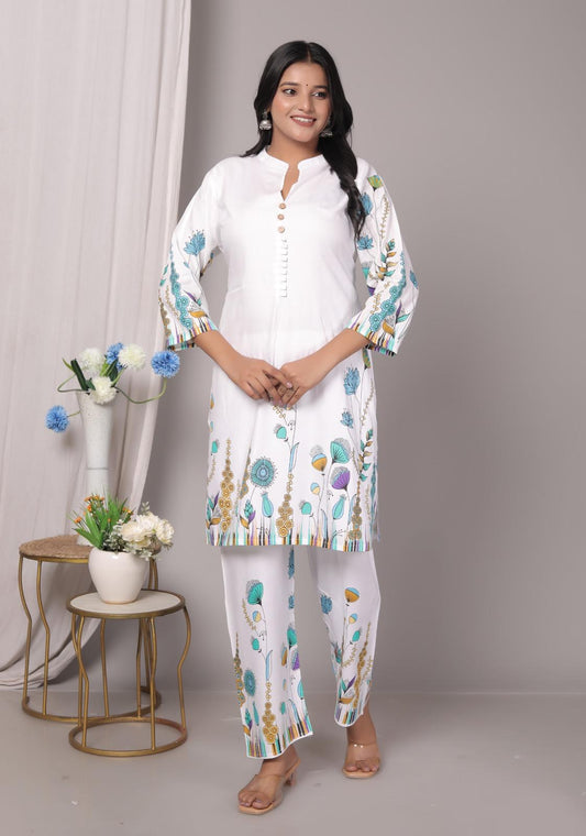 Rayon Floral Mandarin Blue Kurti Pant Set