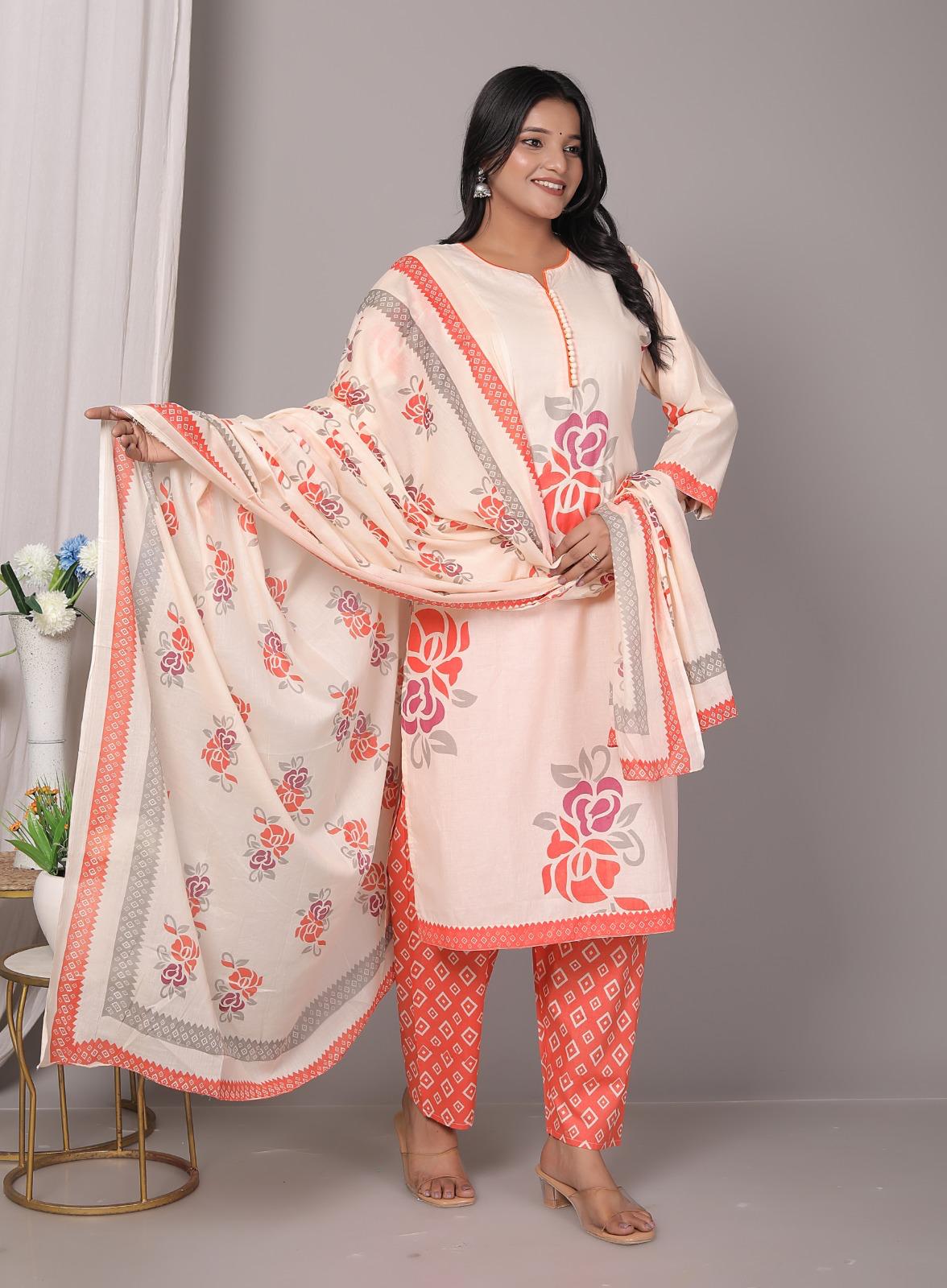 Meera Orange Bloom Cotton Kurta Pant with Dupatta