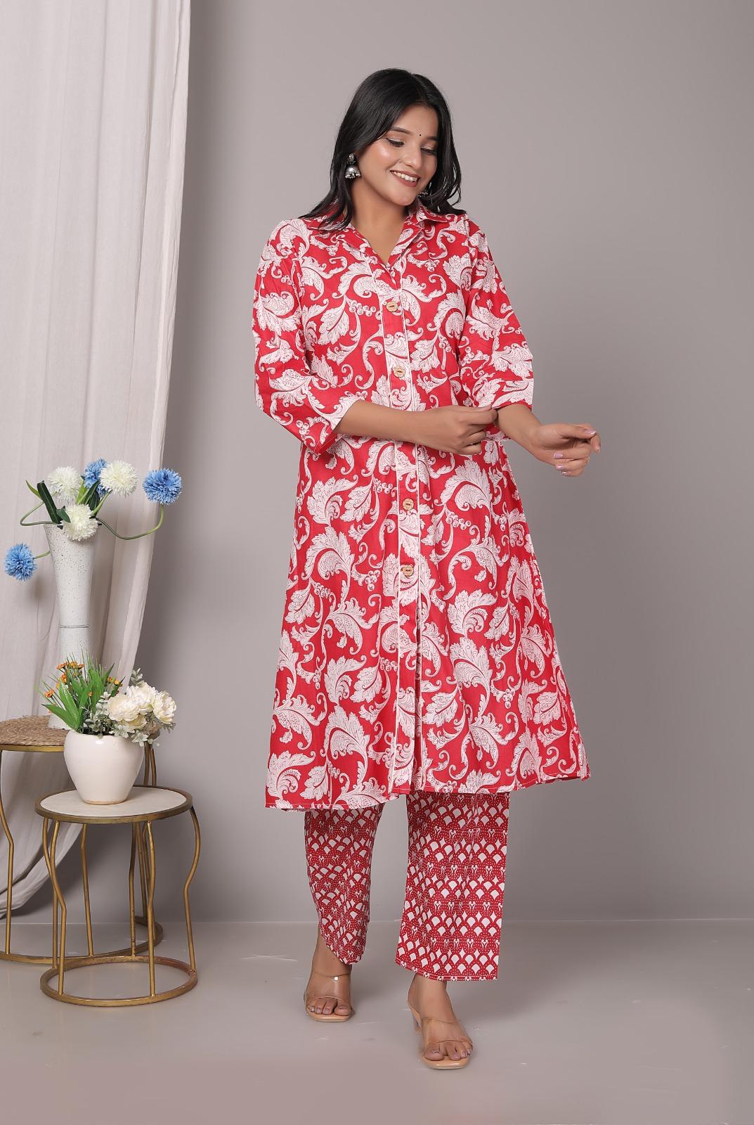 Rayon Red Kurti Pant Set
