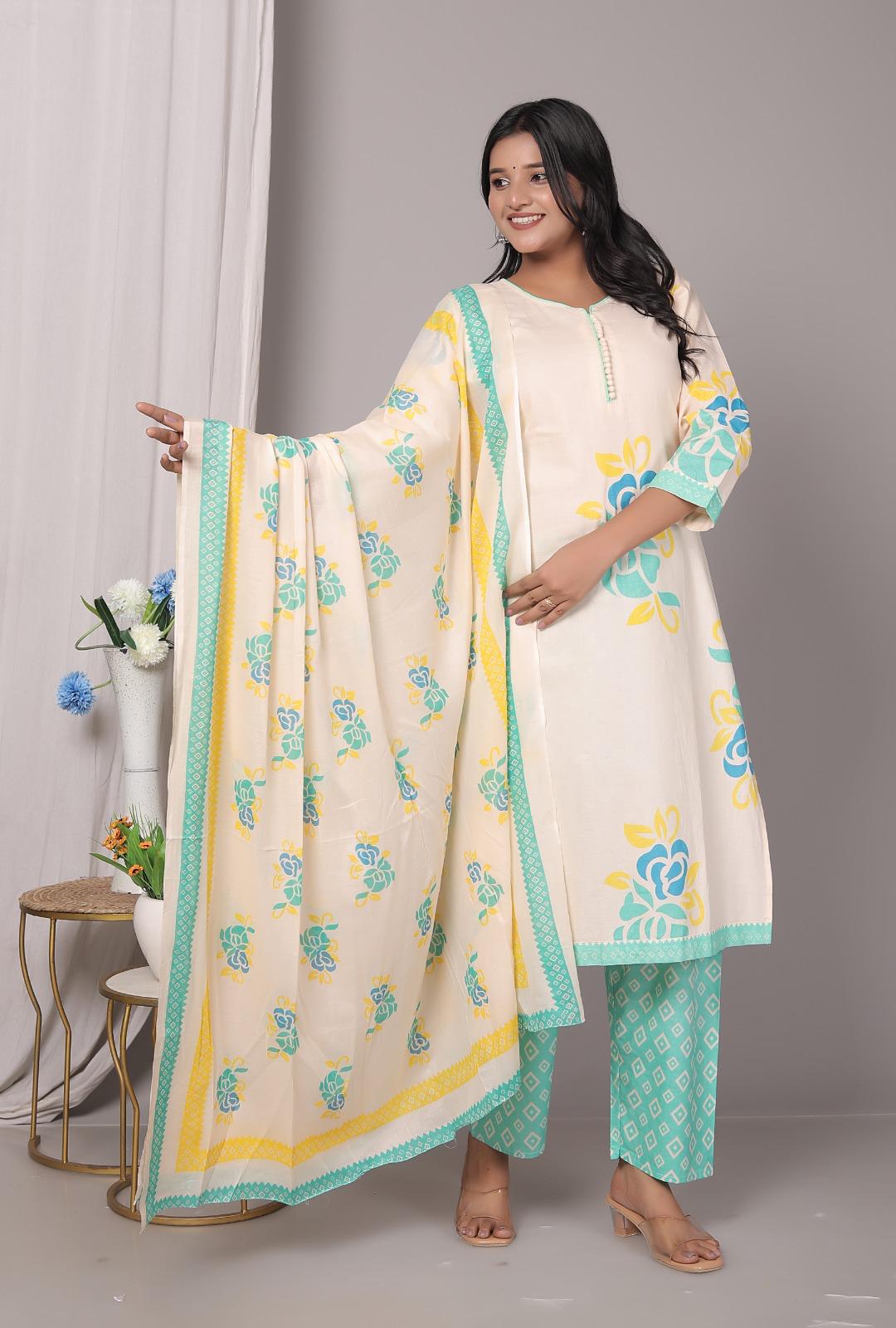 Meera Mint Geen Cotton Kurta Pant with Dupatta