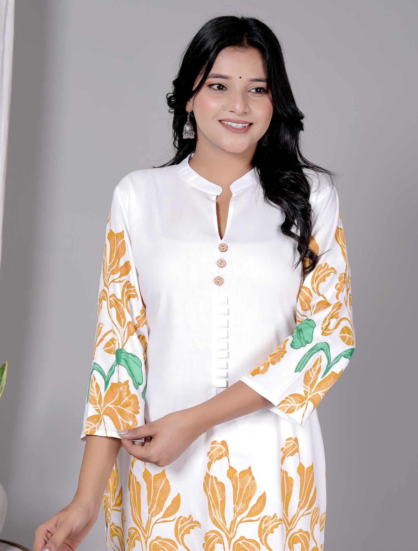 Rayon Yellow Floral Printed Kurti Pant Set