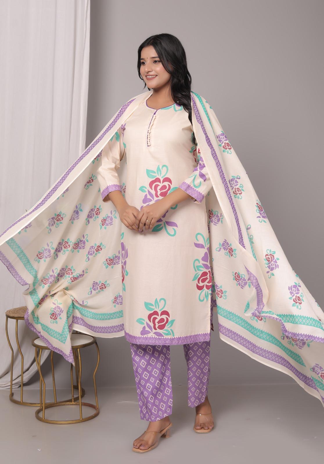 Meera Ethereal Charm Cotton Printed Kurta Pant with Dupatta – Purple & Cream