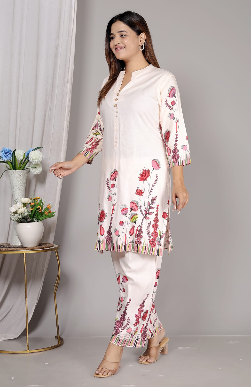 Rayon white red floral kurti Pant Set