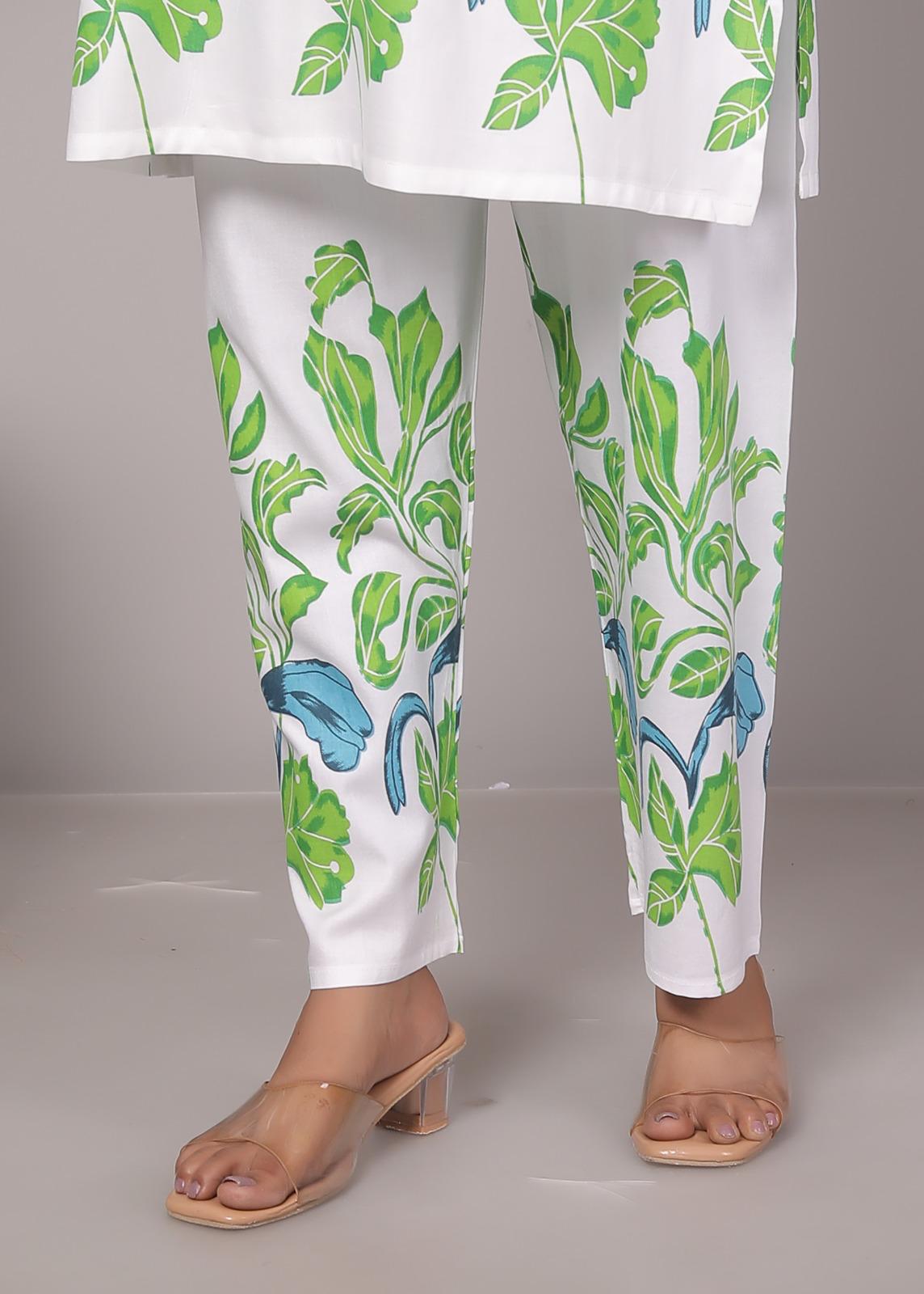 Rayon Green Floral Kurti Pant Set