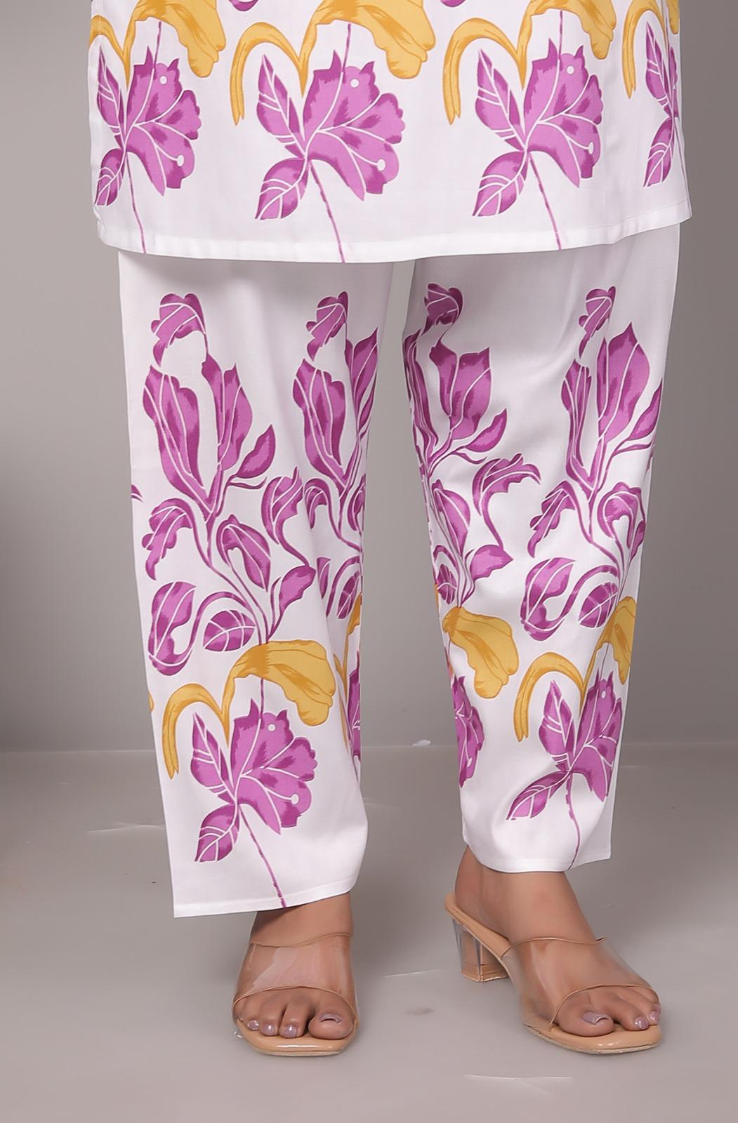 Rayon Pink Floral Printed Kurti Pant Set