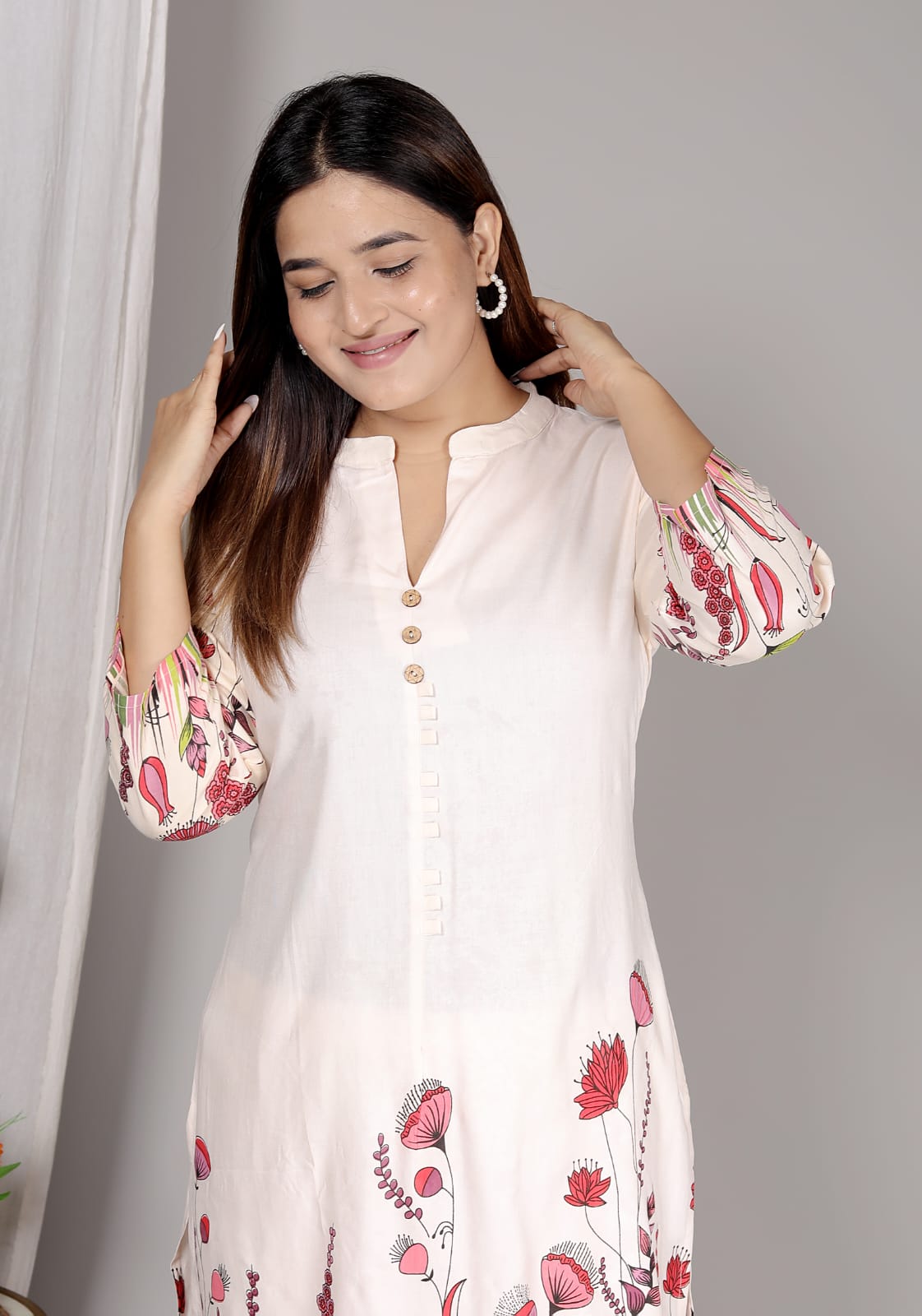 Rayon white red floral kurti Pant Set